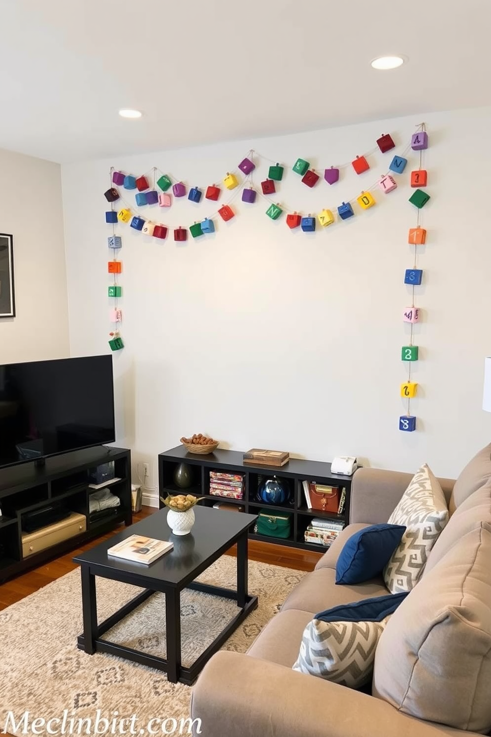 Create a cozy home theater space decorated for Hanukkah. The walls are draped with a creative dreidel garland, featuring colorful dreidels in various sizes, adding a festive touch to the room.