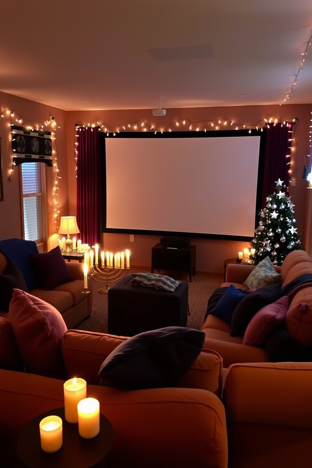 A warm and inviting home theater setting with soft candlelight casting a gentle glow throughout the room. Plush seating arranged in a semi-circle around a large screen, accented with decorative pillows and throws in rich jewel tones. Festive Hanukkah decorations adorn the space, featuring a beautifully lit menorah on a side table and blue and silver accents throughout. The walls are draped with string lights, creating a magical atmosphere perfect for gatherings and celebrations.