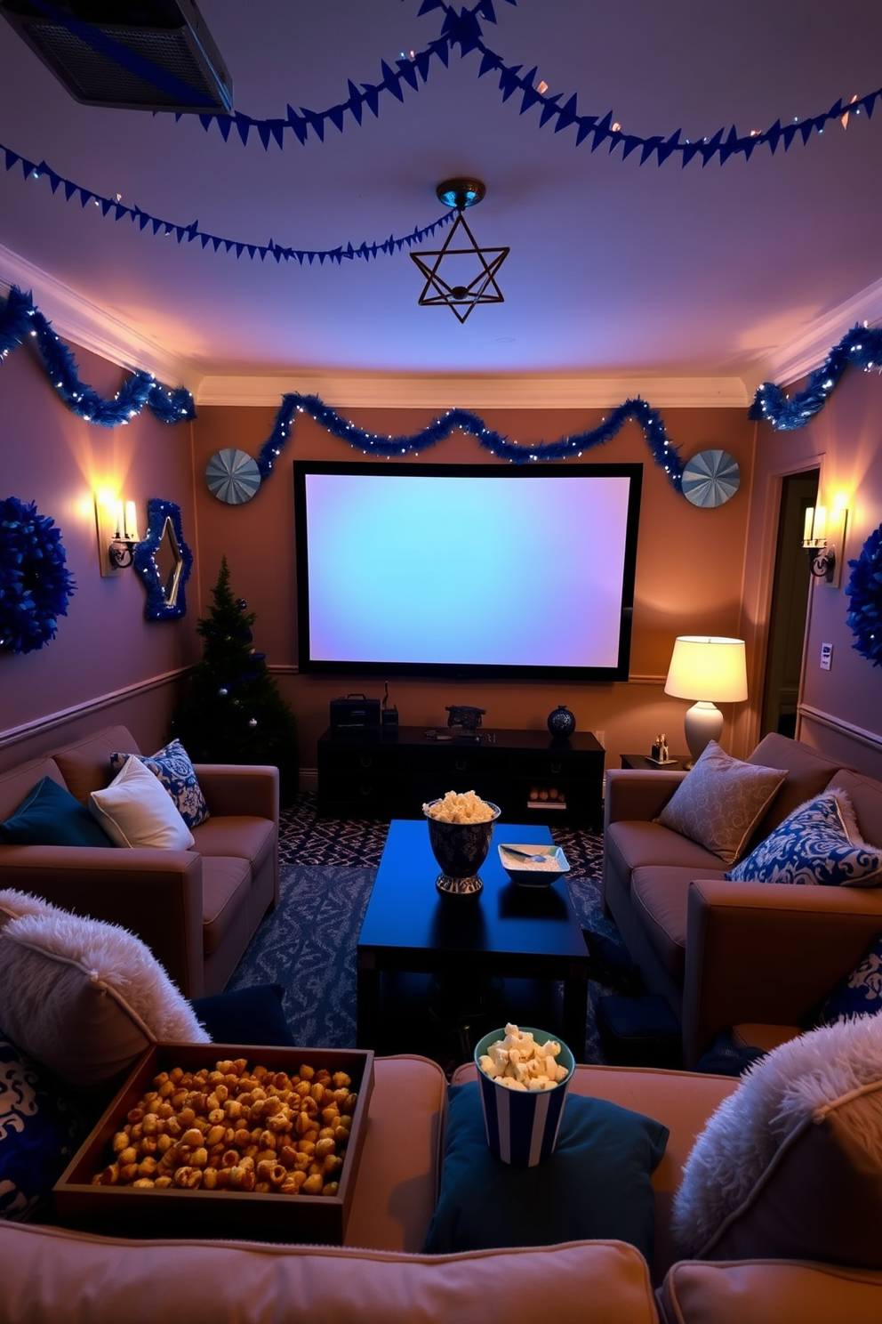 A cozy home theater setting for a Hanukkah movie night. The walls are adorned with festive blue and white decorations, and a large screen is set up for movie viewing. Comfortable seating with plush cushions is arranged in a semi-circle, inviting guests to relax. Soft lighting creates a warm ambiance, and a table is set with traditional Hanukkah treats and popcorn for a festive touch.