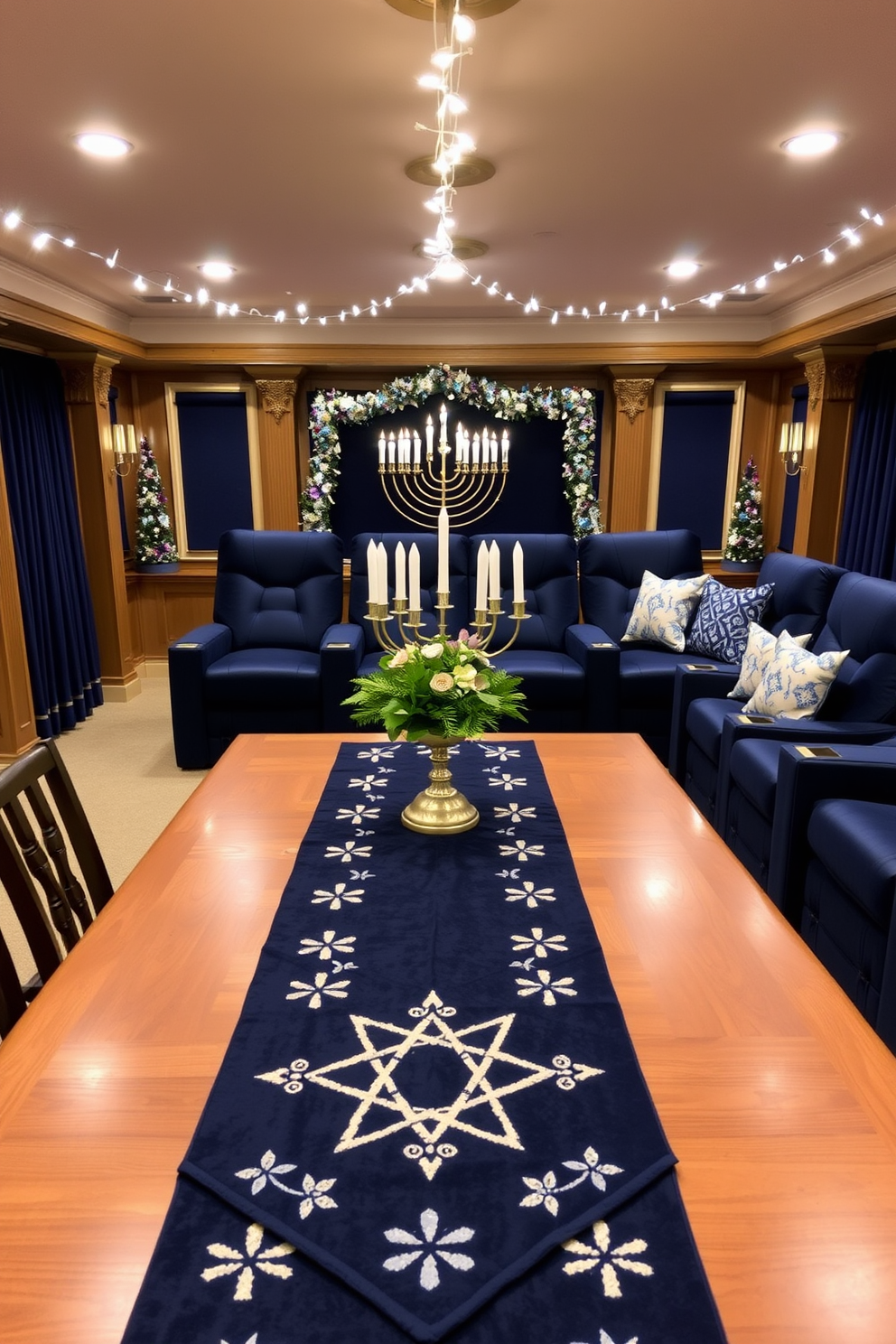 A decorative table runner featuring a star pattern stretches elegantly across a long wooden dining table. Soft white lights twinkle above, creating a warm and inviting atmosphere for guests to gather and celebrate. The home theater is adorned with plush seating in rich navy blue, complemented by gold accents throughout the space. Festive Hanukkah decorations, including a beautifully arranged menorah and blue and silver-themed cushions, enhance the cozy ambiance for movie nights.