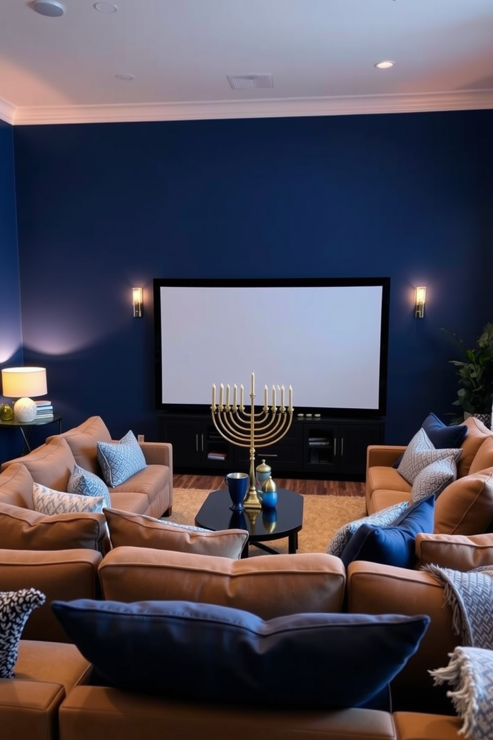 Accent wall painted in deep blue. Plush seating arranged in a cozy layout facing a large screen, complemented by soft ambient lighting. Decorative elements inspired by Hanukkah, including a stylish menorah and blue and silver accents throughout the room. Warm textiles and cushions enhance the inviting atmosphere for family gatherings.