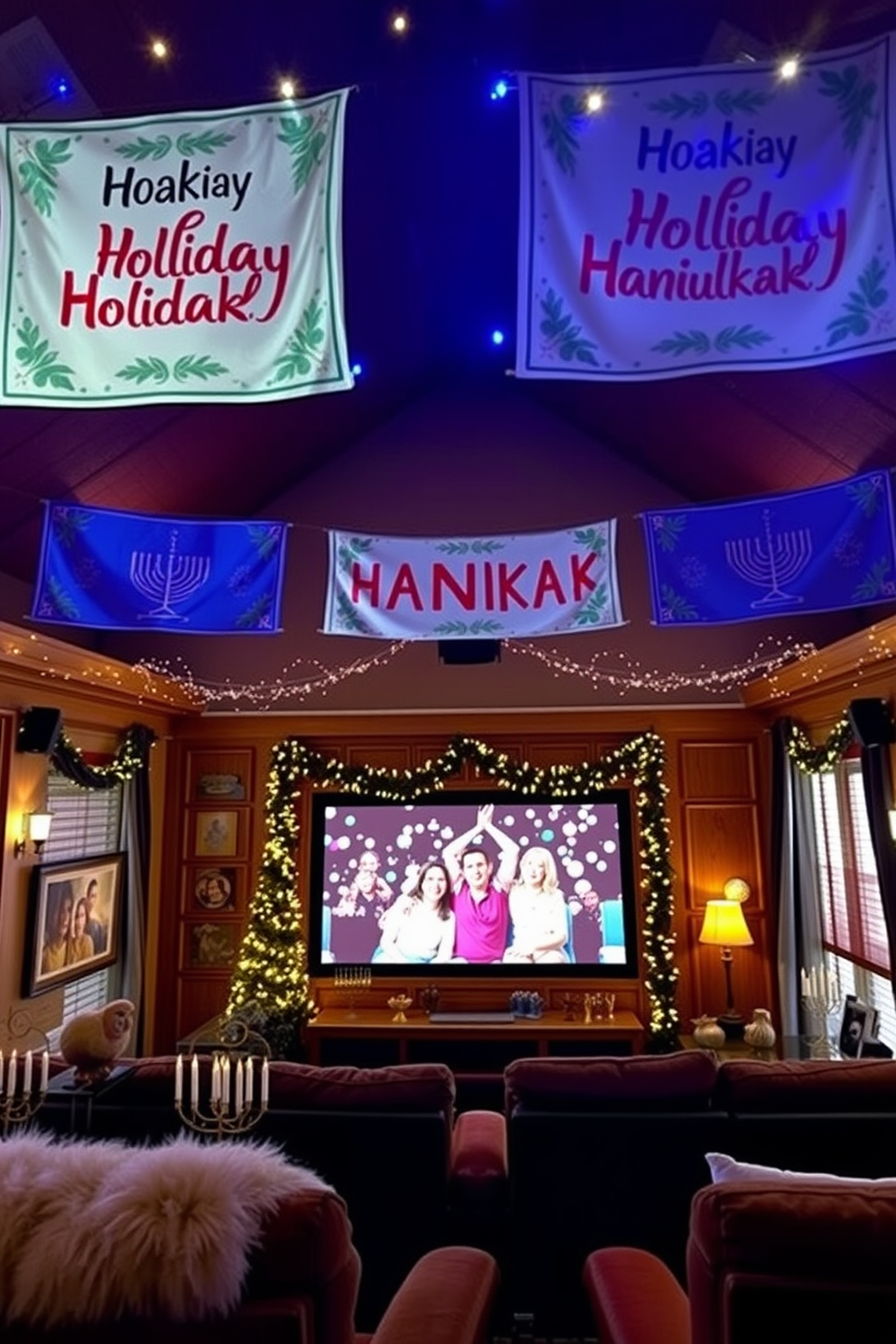 Festive banners with holiday greetings hang gracefully across the room, adorned with vibrant colors and cheerful designs. The atmosphere is filled with joy as twinkling lights illuminate the space, creating a warm and inviting ambiance. The home theater is transformed into a cozy Hanukkah celebration, featuring plush seating and a large screen displaying festive films. Decorative accents like menorahs and dreidels are placed strategically, enhancing the holiday spirit while providing a perfect backdrop for family gatherings.