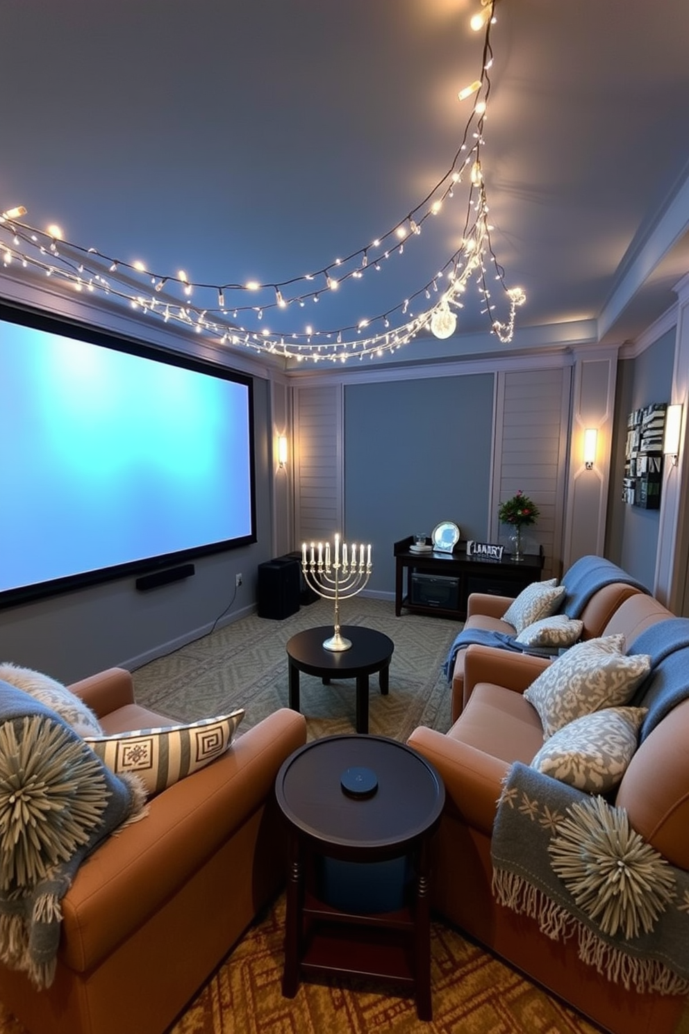 A cozy home theater setting designed for Hanukkah celebrations. Plush seating is arranged in a semi-circle, adorned with festive throws in shades of blue and silver. Soft lighting creates a warm ambiance, with string lights draping across the ceiling. A large screen displays holiday films, while a decorative menorah sits on a nearby table.