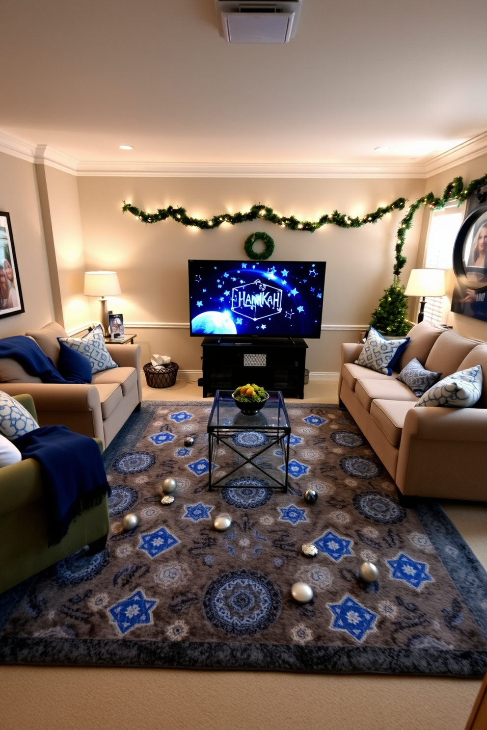 A cozy home theater designed for Hanukkah celebrations. The room features a plush Hanukkah themed area rug adorned with blue and silver motifs, providing a festive touch to the space. Surrounding the rug, comfortable seating is arranged for family and friends to enjoy movies together. Soft, ambient lighting enhances the holiday spirit, creating a warm and inviting atmosphere.