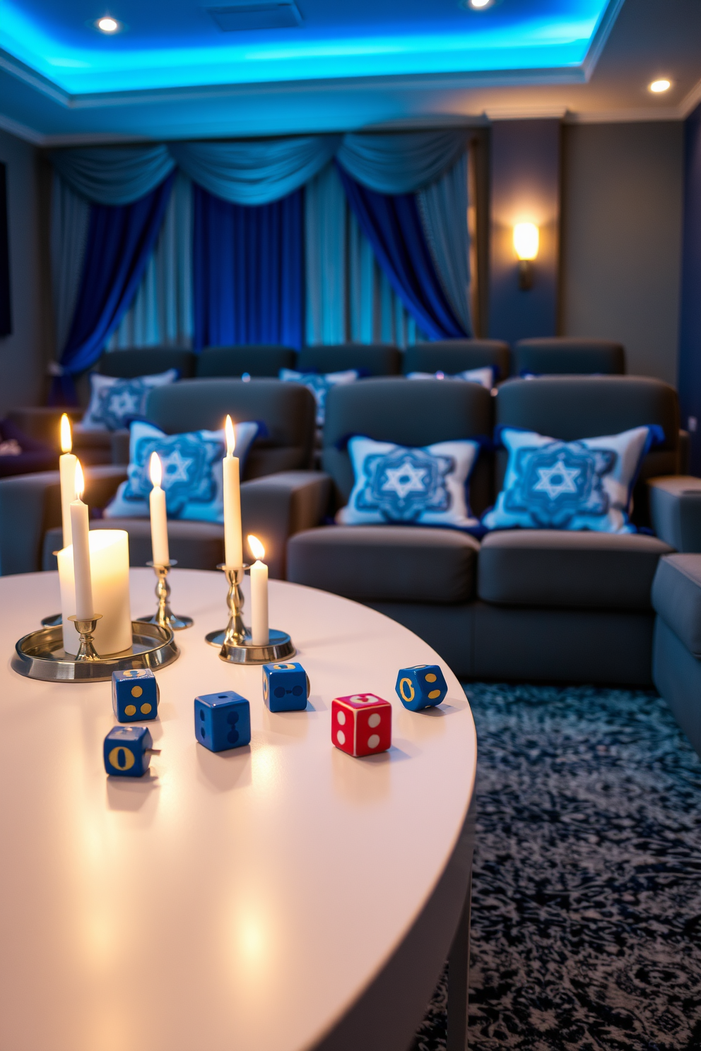 Artistic centerpiece featuring a menorah. The menorah is elegantly designed with intricate patterns and a polished finish, surrounded by festive decorations in rich blue and silver tones. Home Theater Hanukkah Decorating Ideas. The space is adorned with soft, warm lighting and plush seating, creating a cozy atmosphere for family gatherings while incorporating Hanukkah-themed accents throughout the room.