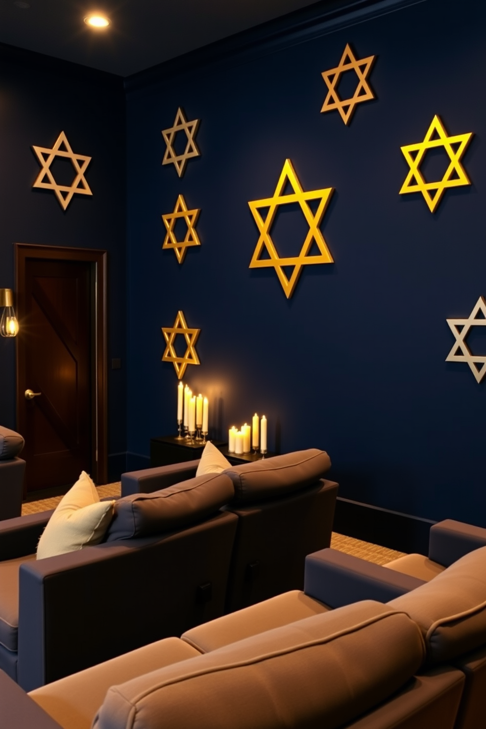 A cozy home theater adorned with Star of David themed wall art creates a festive atmosphere for Hanukkah celebrations. The walls are painted in a deep navy blue, and plush seating is arranged for optimal viewing, complemented by soft golden lighting that enhances the decor.