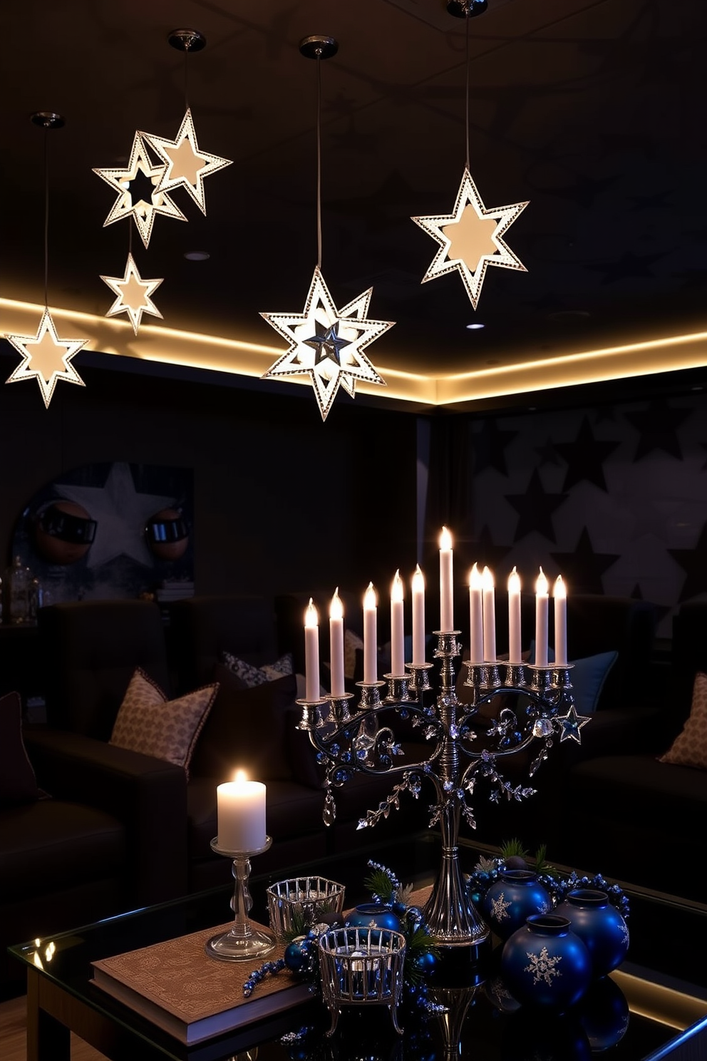 Artistic light fixtures with star shapes create a whimsical atmosphere in the room. The fixtures dangle from the ceiling, casting intricate shadows on the walls and adding a touch of elegance. The home theater is designed with plush seating arranged for optimal viewing. Rich, dark colors dominate the space, enhancing the cinematic experience and providing a cozy retreat. Hanukkah decorating ideas include a beautifully adorned menorah placed on a stylish table. Surround the menorah with festive blue and silver accents to create a warm and inviting holiday ambiance.