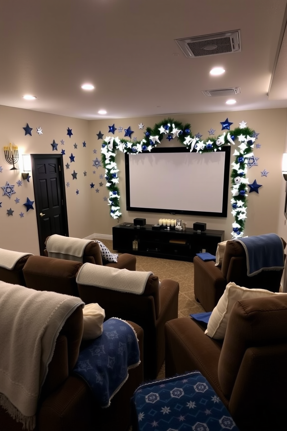 A cozy home theater adorned with Hanukkah themed wall decals. The walls are decorated with blue and silver stars, along with menorahs, creating a festive atmosphere. Plush seating is arranged for optimal viewing, with soft throw blankets in shades of blue and white draped over the chairs. A large screen is framed by decorative garlands featuring dreidels and gelt, enhancing the holiday spirit.