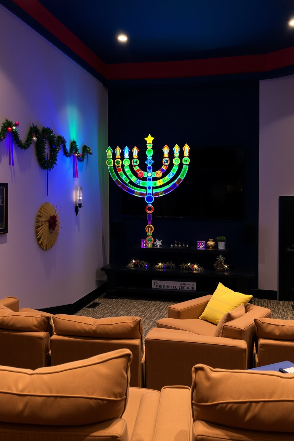 A cozy home theater adorned with brightly colored Hanukkah banners draping from the ceiling. The walls are painted a deep navy blue, creating a warm and inviting atmosphere for family movie nights.