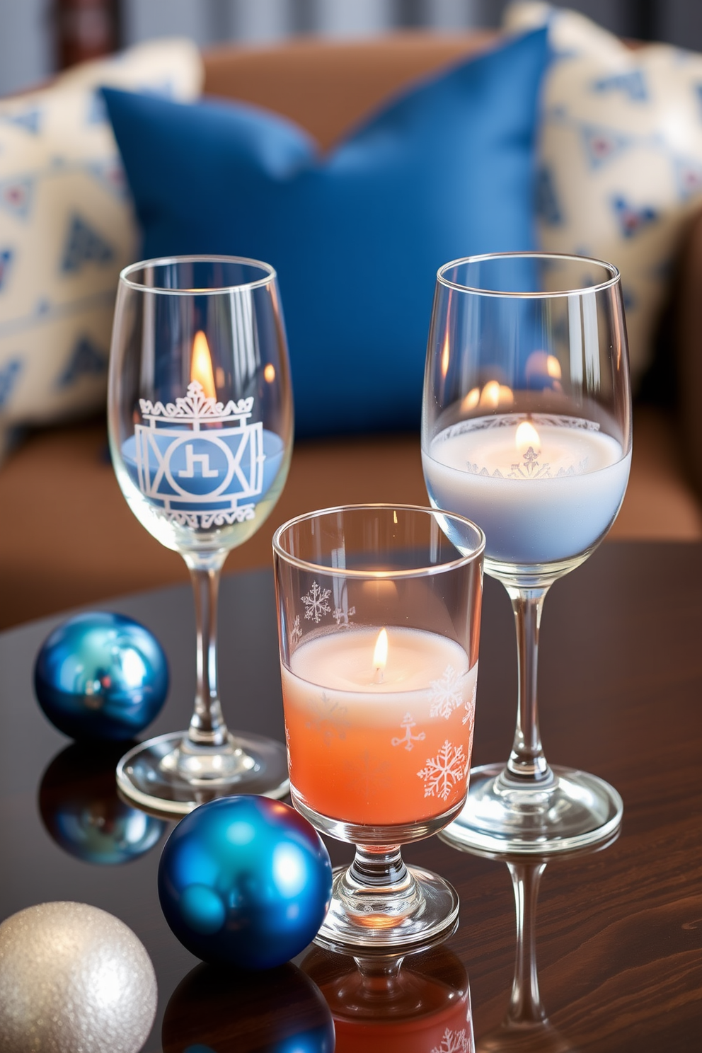 Themed drinkware for festive gatherings. Picture a collection of elegant glassware adorned with intricate holiday motifs, perfect for serving seasonal beverages at your celebrations. Home Theater Hanukkah Decorating Ideas. Envision a cozy home theater space decorated with soft blue and silver accents, featuring plush seating and warm lighting to create an inviting atmosphere for family movie nights during the holiday season.