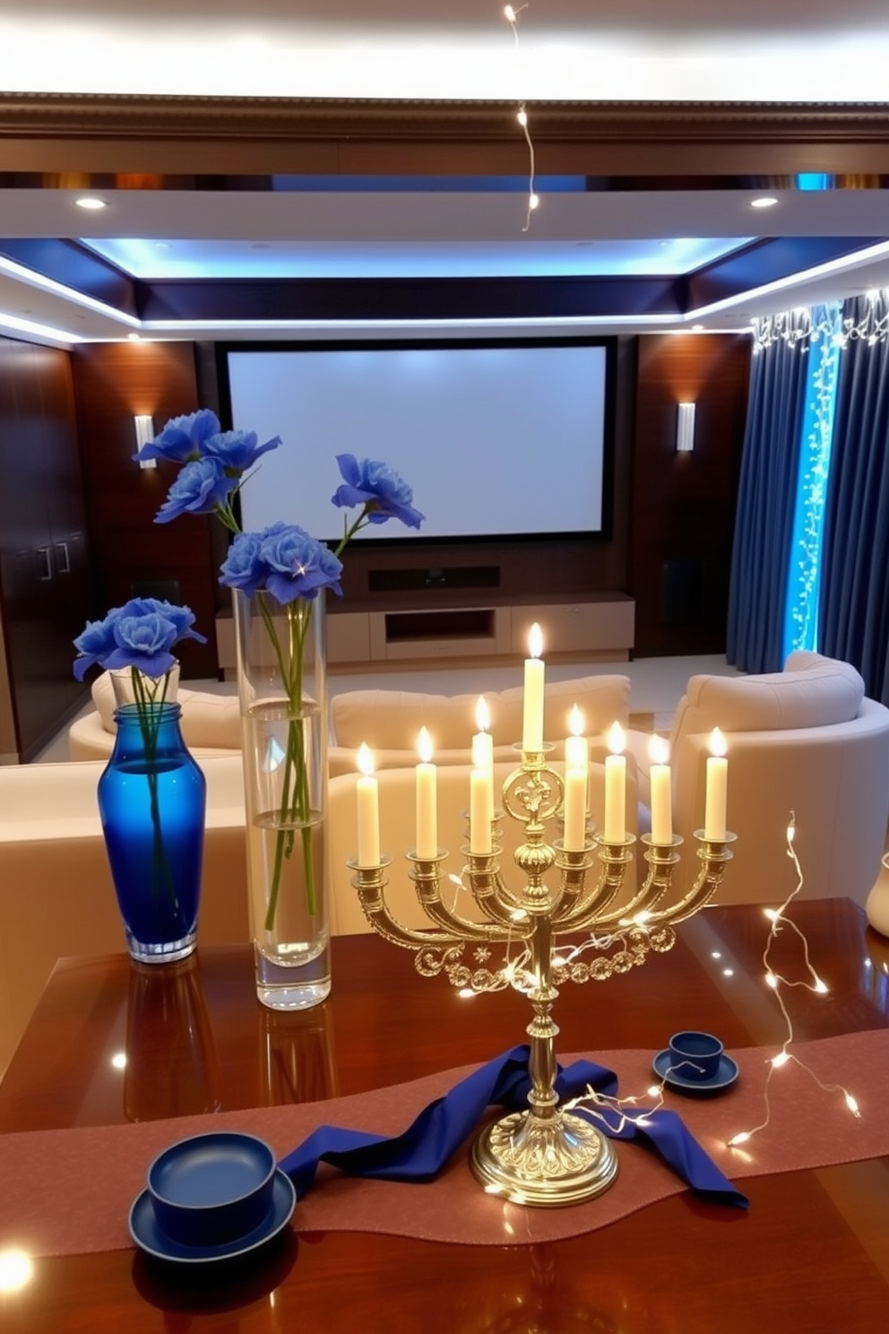 Vintage Hanukkah decorations adorn the shelves, featuring a mix of traditional menorahs and colorful dreidels. Soft fairy lights twinkle around the display, creating a warm and inviting atmosphere. The home theater is transformed for Hanukkah with plush seating draped in festive blue and silver throws. A large screen displays classic holiday films, while decorative garlands of stars and menorahs frame the room, enhancing the celebratory vibe.