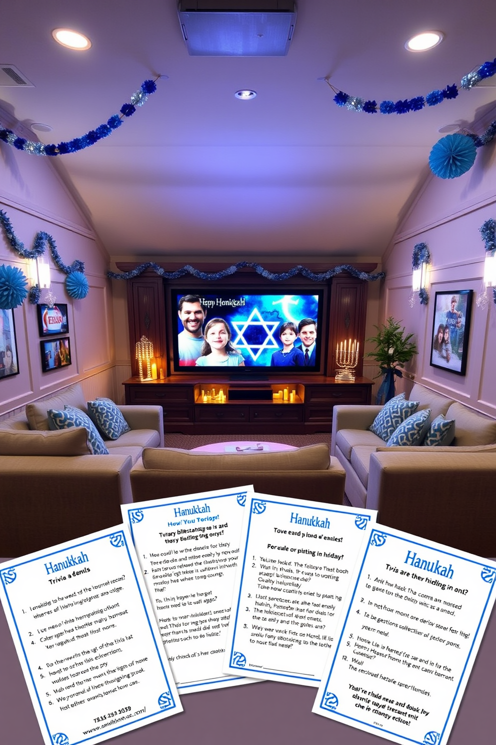 A cozy home theater space featuring plush seating arranged for optimal viewing. Festive throws in blue and white hues are draped over the chairs, adding a touch of warmth and holiday spirit. The walls are adorned with subtle Hanukkah decorations, including star motifs and string lights. A sleek entertainment unit houses the latest technology, creating an inviting atmosphere for family gatherings.