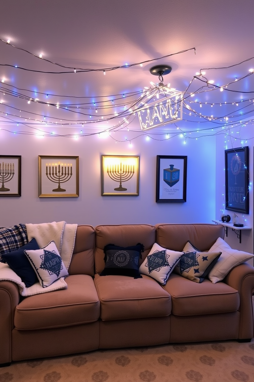 A cozy home theater adorned with vintage Hanukkah decorations. Soft blue and silver lights twinkle across the ceiling, creating a warm and inviting atmosphere. A large plush couch is draped with festive Hanukkah-themed throws and pillows. On the walls, framed vintage menorahs and dreidels add charm and character to the space.