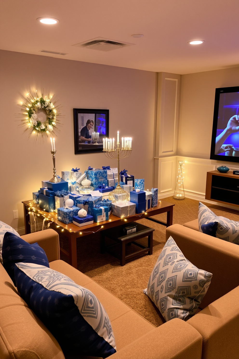 A personalized Hanukkah gift display area features a beautifully arranged table adorned with festive decorations. The table is topped with a variety of wrapped gifts in vibrant blues and silvers, surrounded by twinkling fairy lights and menorah accents. The home theater is transformed into a cozy Hanukkah celebration space. Plush seating is complemented by decorative throw pillows in seasonal colors, while a large screen displays a classic Hanukkah movie, creating a warm and inviting atmosphere.