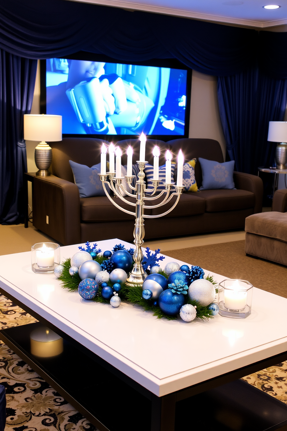 A beautifully arranged coffee table featuring a stunning menorah centerpiece. Surrounding the menorah are festive decorations in shades of blue and silver, creating a warm and inviting atmosphere. A cozy home theater adorned with Hanukkah-themed decor, including themed throw pillows and soft lighting. The walls are draped with rich fabrics in deep hues, enhancing the festive spirit of the space.