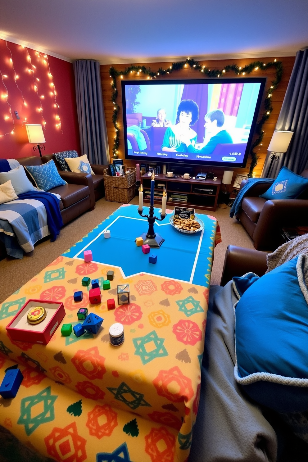 A vibrant interactive dreidel game station setup with a colorful tablecloth featuring traditional Hanukkah symbols. The station includes multiple dreidels in various colors, festive snacks, and a decorative menorah as a centerpiece. A cozy home theater adorned with Hanukkah decorations, including string lights and themed cushions. The screen displays a classic holiday film, while the seating area is arranged for comfort with blankets and pillows in blue and silver tones.