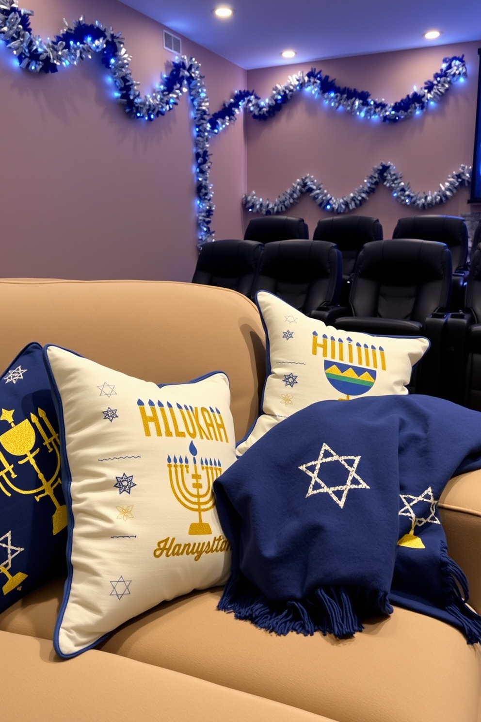 Festive cushions adorned with traditional Hanukkah motifs are scattered across a plush sofa, creating a warm and inviting atmosphere. The cushions feature designs of menorahs, dreidels, and stars of David in vibrant blues and golds, enhancing the holiday spirit. In the home theater, soft ambient lighting sets the mood for family movie nights during Hanukkah. The walls are draped with elegant garlands of blue and silver, while a cozy throw blanket is neatly folded on the armrest, ready for use.