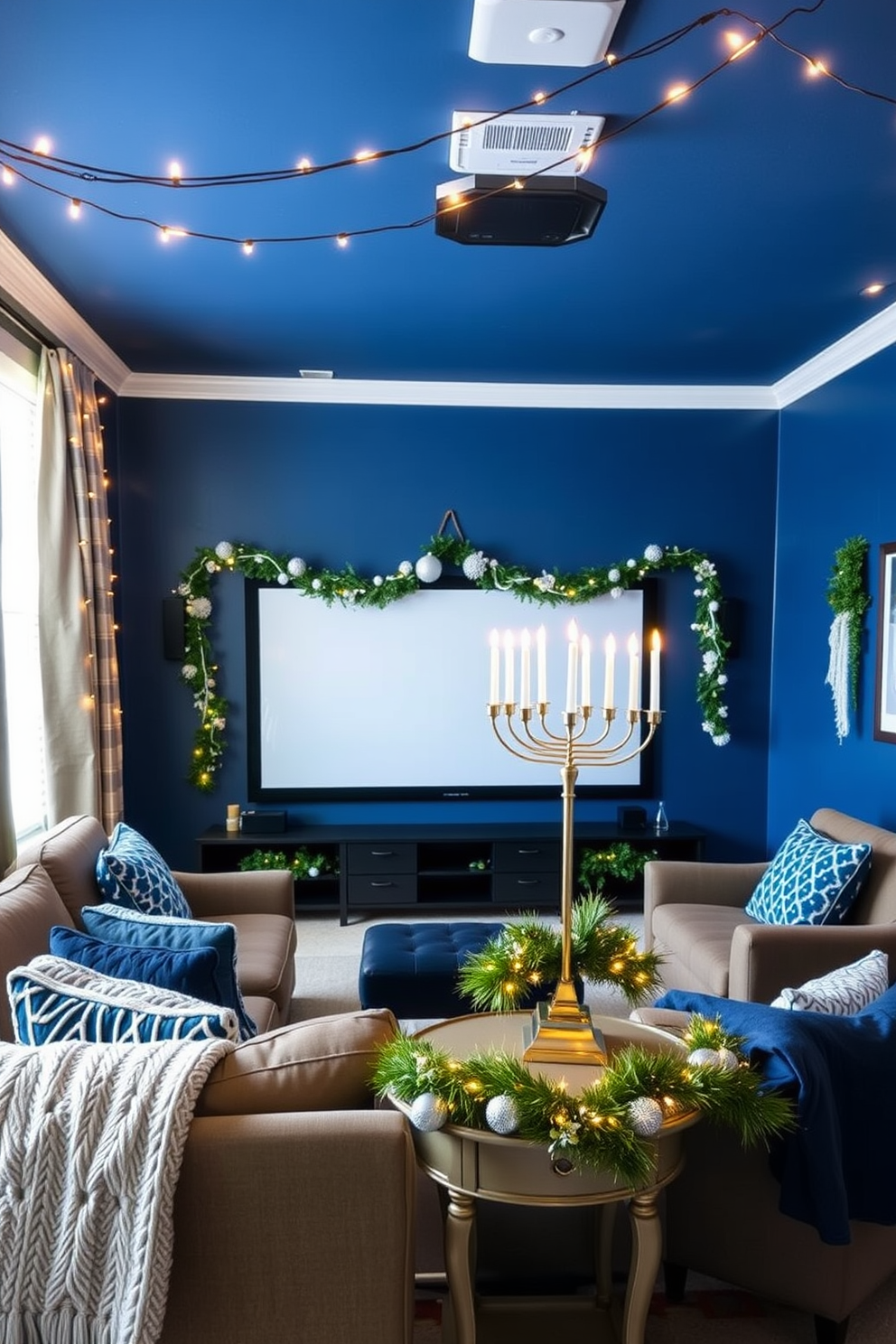 A cozy home theater setup adorned with hanging string lights for ambiance. The walls are painted in a deep navy blue, and plush seating is arranged in a semi-circle facing a large screen. For Hanukkah, the room is decorated with blue and silver accents. A beautiful menorah is placed on a side table, surrounded by festive garlands and twinkling lights.