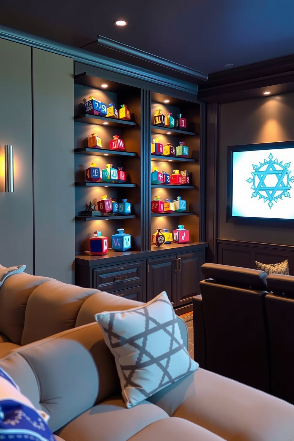 A cozy home theater setting adorned for Hanukkah. The coffee table is elegantly decorated with colorful decorative dreidels, surrounded by plush seating and soft lighting.