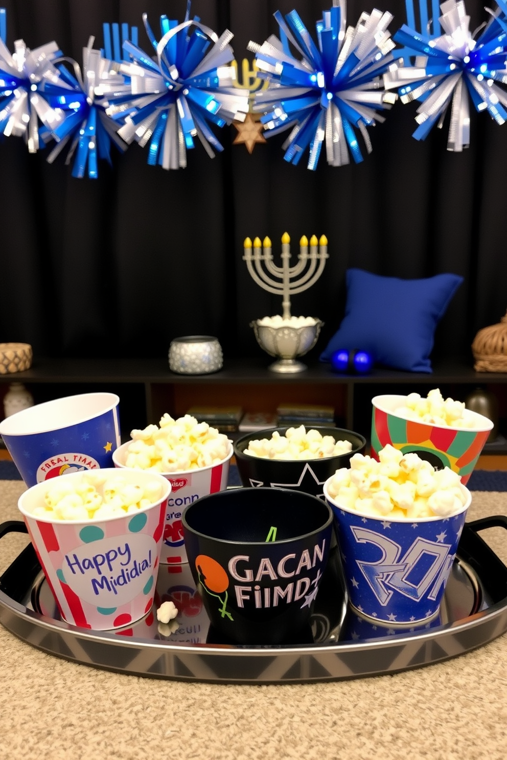 Themed popcorn bowls for snacks. A collection of colorful popcorn bowls featuring various designs such as holiday themes, movie motifs, and fun patterns arranged on a stylish tray. Home Theater Hanukkah Decorating Ideas. A cozy home theater space adorned with blue and silver decorations, including string lights and menorah-themed accents, creating a festive atmosphere for family movie nights.