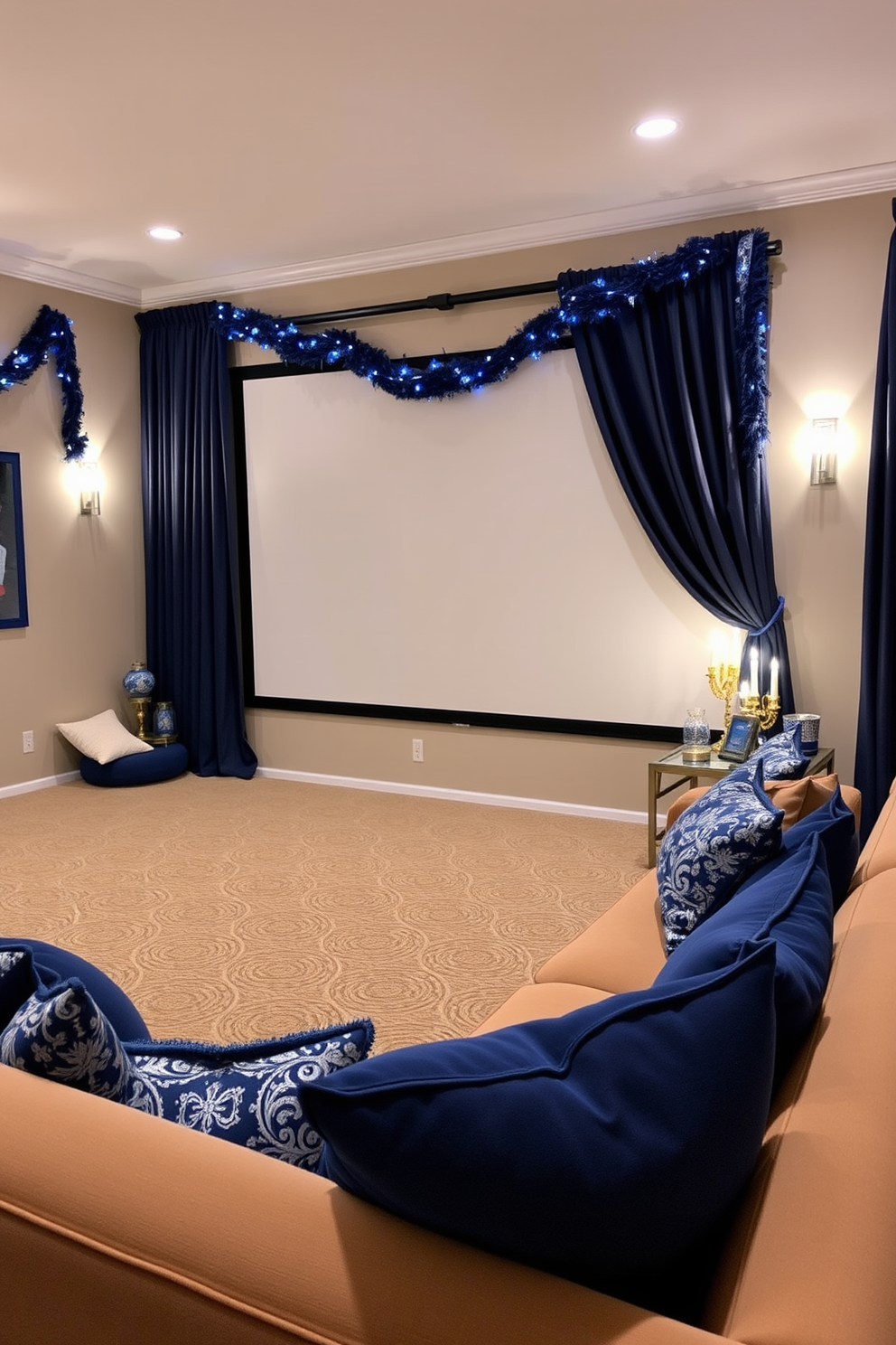 A cozy home theater designed for Hanukkah movie nights. The walls are adorned with a gallery of festive movie posters featuring traditional Hanukkah themes. Soft, ambient lighting creates a warm atmosphere, while plush seating invites guests to relax. Decorative elements include blue and silver accents, such as throw pillows and blankets, enhancing the Hanukkah spirit.