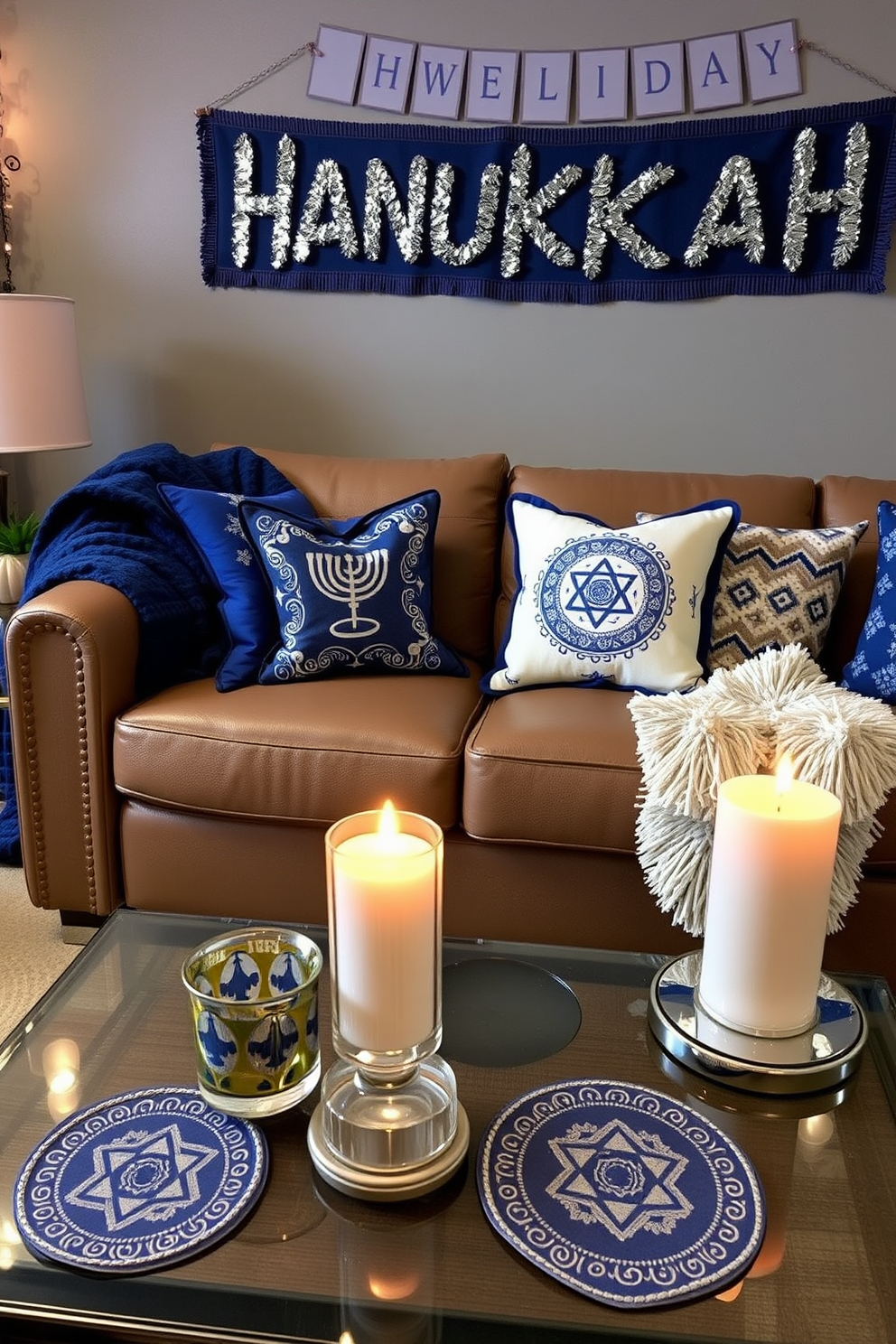 Charming Hanukkah themed coasters feature intricate designs with traditional symbols such as menorahs and dreidels. The color palette includes deep blues and silver accents, creating a festive yet elegant atmosphere. Home theater Hanukkah decorating ideas incorporate cozy elements like plush throw blankets and themed pillows. Soft lighting enhances the ambiance, and decorative banners with holiday greetings add a personal touch.