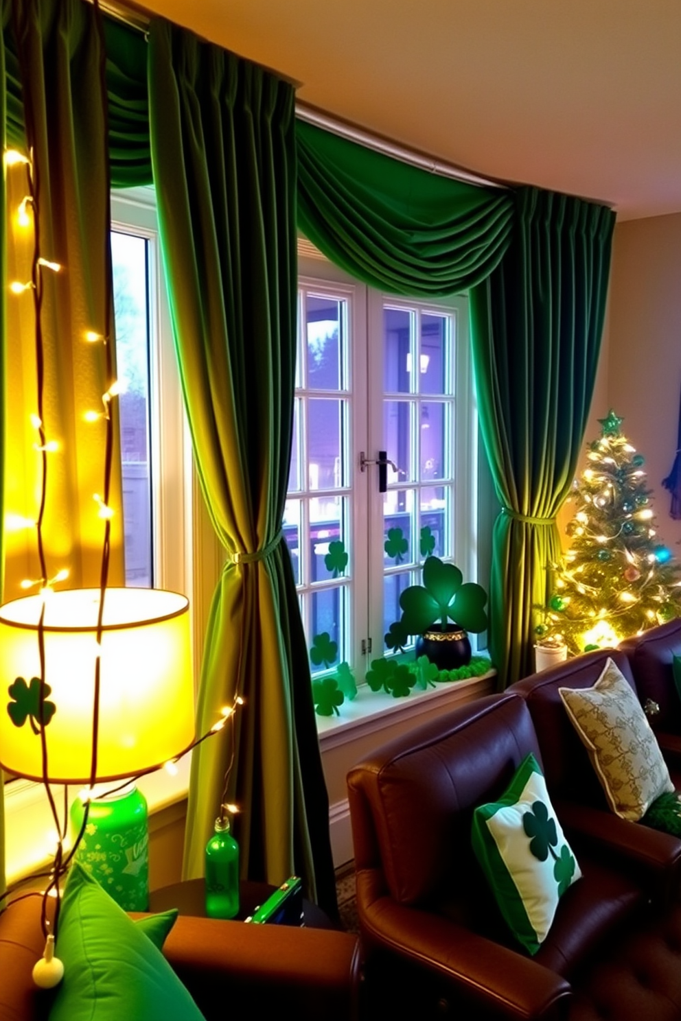 Green velvet curtains drape elegantly along the windows, creating a cozy ambiance in the home theater. The rich texture of the fabric enhances the warmth of the space, inviting relaxation and entertainment. For St. Patrick's Day, the room is adorned with festive decorations, featuring shamrock-themed accents and vibrant green decor. Twinkling fairy lights add a magical touch, illuminating the space with a cheerful glow.