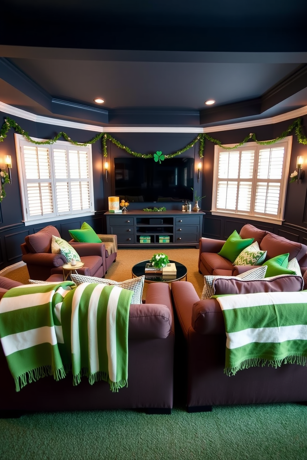 A cozy home theater featuring plush seating arranged in a semi-circle facing a large screen. The walls are painted a deep navy blue, and soft green and white striped blankets are draped over the chairs for added warmth. For St. Patrick's Day, the room is adorned with festive decorations like shamrock garlands and green accent pillows. Subtle gold accents are incorporated through decorative items, creating a warm and inviting atmosphere for celebration.