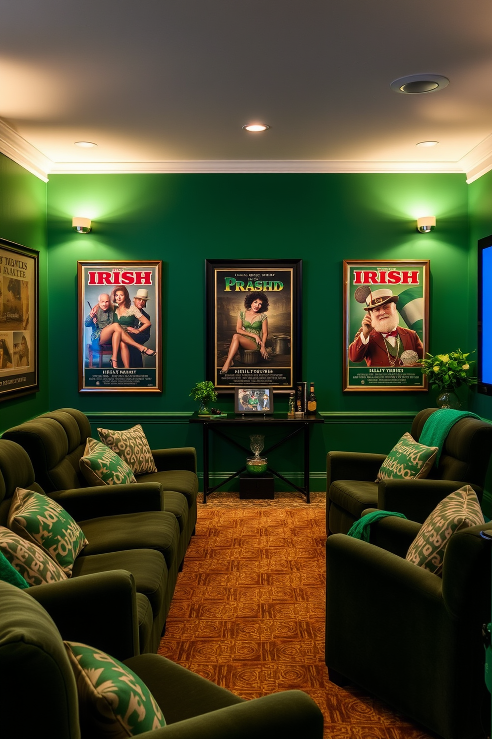 A cozy home theater adorned with vintage Irish film posters that evoke a sense of nostalgia. The walls are painted in a deep emerald green, and plush seating is arranged for optimal viewing comfort. Decorative elements celebrating St. Patrick's Day are tastefully incorporated throughout the space. Soft lighting enhances the ambiance, creating a warm and inviting atmosphere for movie nights.