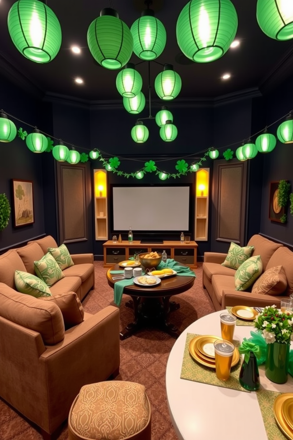 A cozy home theater setting adorned with DIY shamrock garlands hanging gracefully from the ceiling. The walls are painted in a deep navy blue, and plush seating is arranged for optimal viewing comfort.