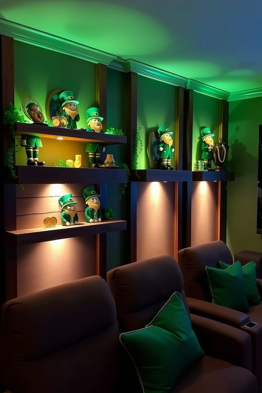 Decorative leprechaun figurines are arranged on wooden shelves, adding a whimsical touch to the room. The shelves are adorned with green accents and gold coins to enhance the festive St. Patrick's Day theme. The home theater features plush seating and ambient lighting, creating a cozy atmosphere for movie nights. Green and gold decorations complement the leprechaun figurines, making the space perfect for celebrating St. Patrick's Day.