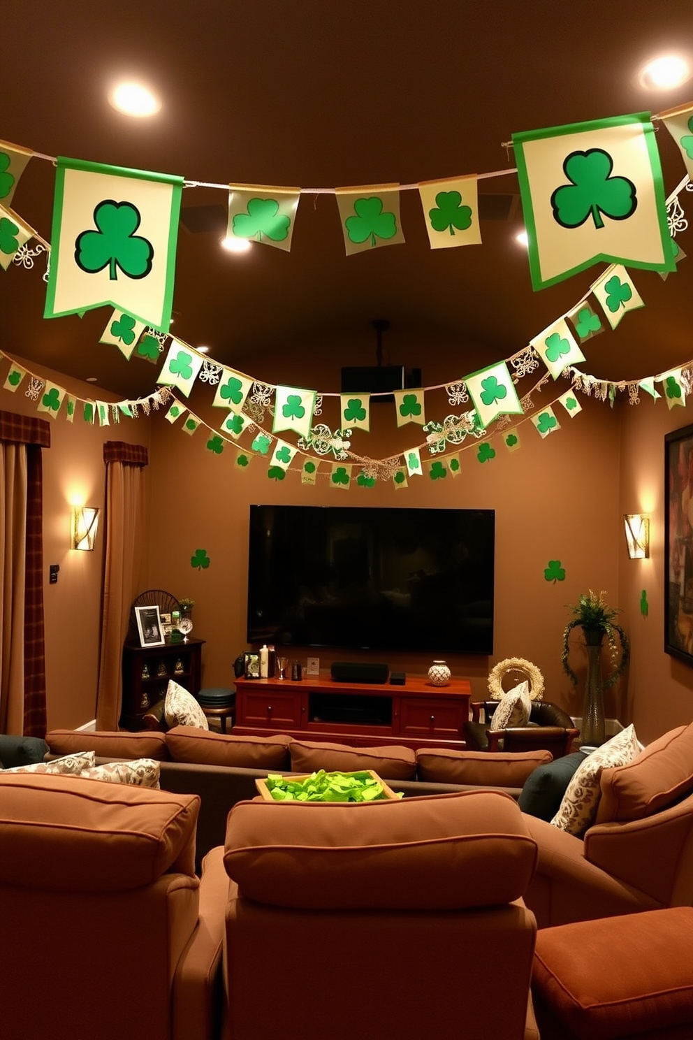 Create a cozy home theater setting adorned with festive St. Patrick's Day banners hanging from the ceiling. The space features plush seating arranged around a large screen, with warm lighting to enhance the celebratory atmosphere.