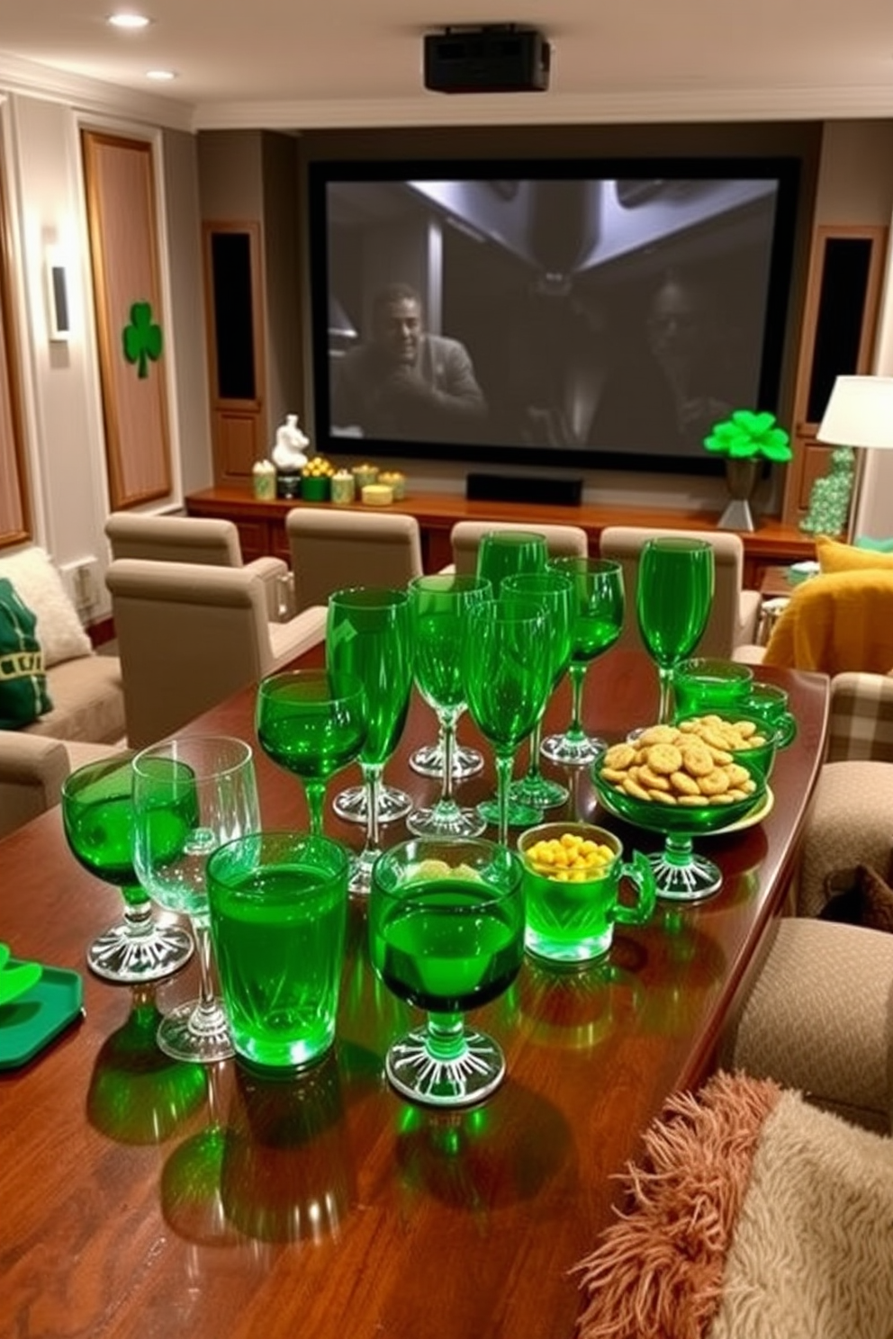 A collection of elegant green glassware is arranged on a polished wooden table, showcasing an assortment of drinks and snacks. The glassware glimmers under soft lighting, creating an inviting atmosphere for guests to enjoy. The home theater is designed with plush seating and acoustic paneling, featuring a large screen for movie viewing. For St. Patrick's Day, the space is adorned with festive green and gold decorations, including shamrock accents and cozy throws.