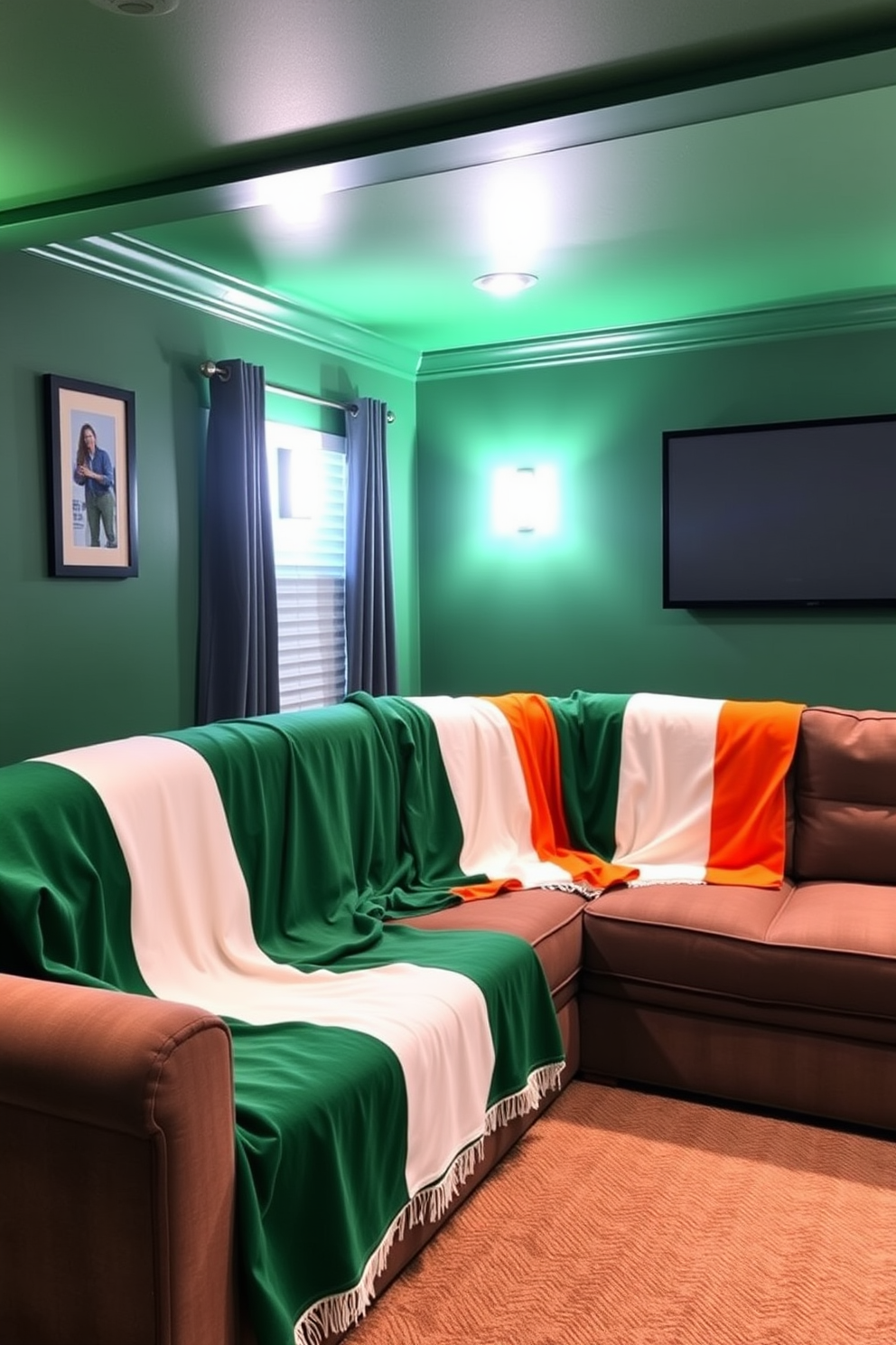 A cozy home theater adorned with Irish flag throw blankets draped over a plush sectional sofa. The walls are painted a deep emerald green, and soft ambient lighting creates a warm and inviting atmosphere for St. Patrick's Day celebrations.