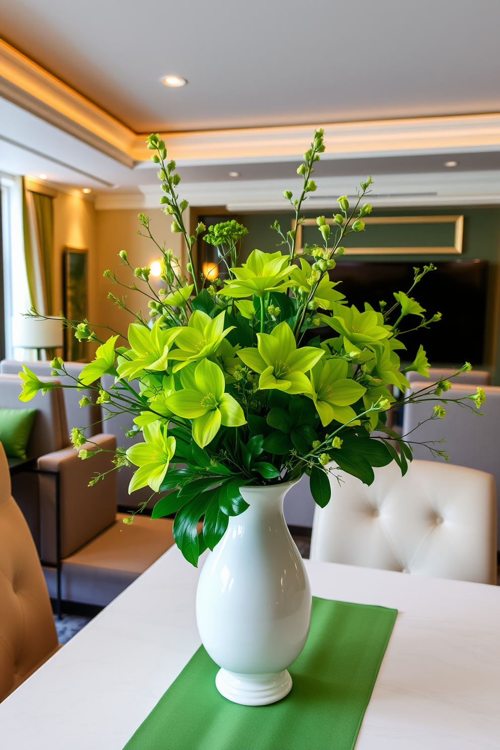 A stunning table centerpiece featuring lush green flowers arranged in an elegant ceramic vase. The vibrant blooms are complemented by delicate greenery, creating a fresh and inviting atmosphere for any dining setting. A luxurious home theater designed for ultimate comfort and entertainment. Plush seating is arranged for optimal viewing, with soft ambient lighting enhancing the cinematic experience. Creative St. Patrick's Day decorating ideas that incorporate festive green accents throughout the space. Incorporate shamrock motifs and gold accents to celebrate the holiday with style and charm.