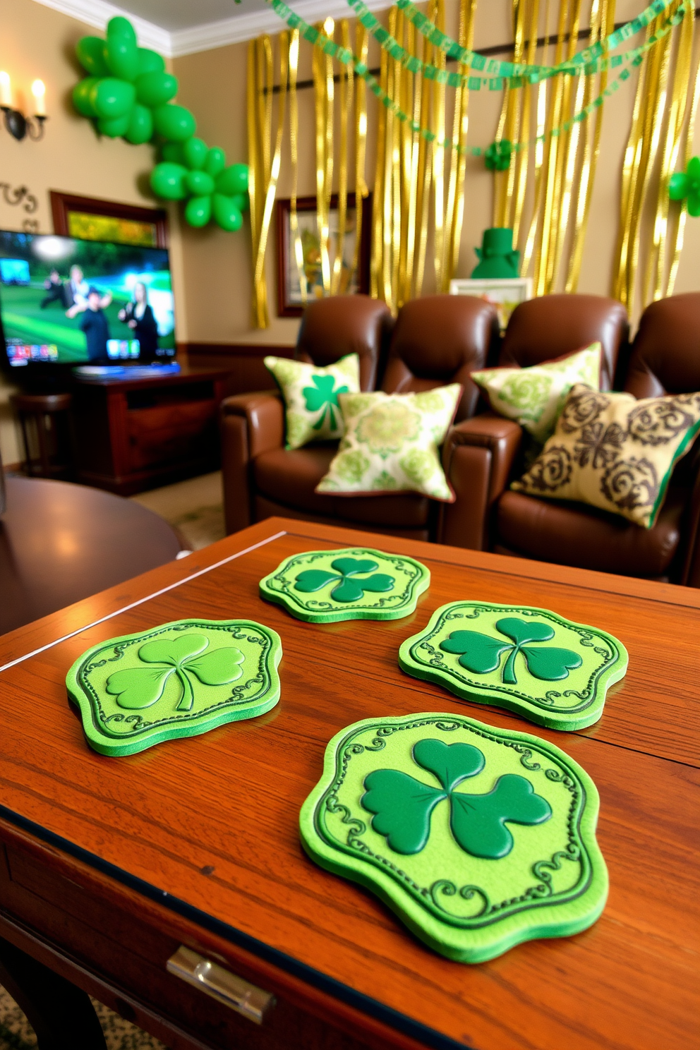 St Patrick's Day themed coasters are elegantly placed on wooden tables, featuring intricate designs of shamrocks and leprechauns. The vibrant green colors of the coasters complement the warm tones of the furniture, creating a festive atmosphere. The home theater is adorned with St. Patrick's Day decorations, including green and gold streamers that drape from the ceiling. Plush seating is arranged for comfort, with themed pillows featuring Celtic patterns adding a cozy touch.