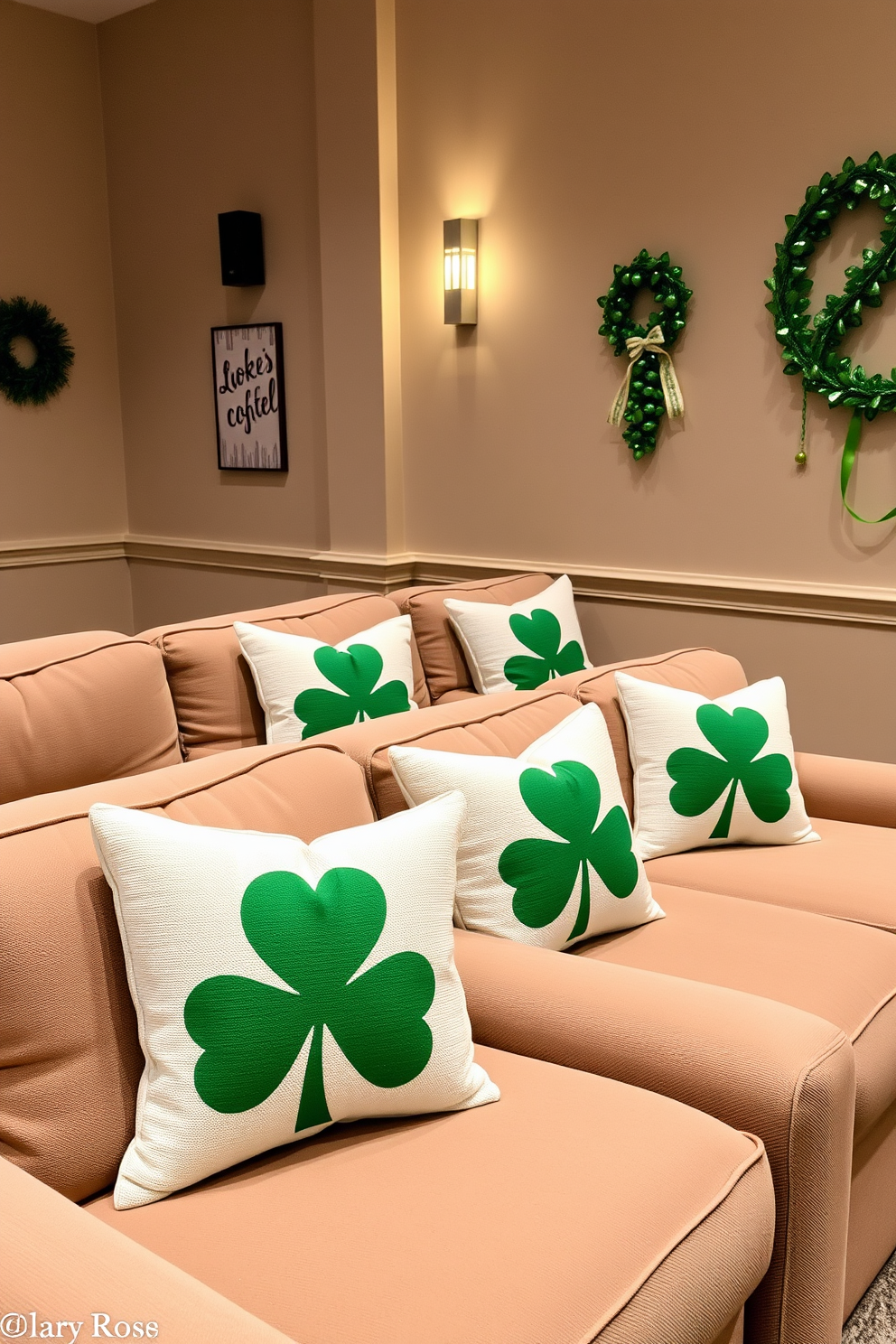 Shamrock themed throw pillows are placed on plush seats in a cozy home theater. The room is adorned with festive St. Patrick's Day decorations, including green garlands and twinkling lights.