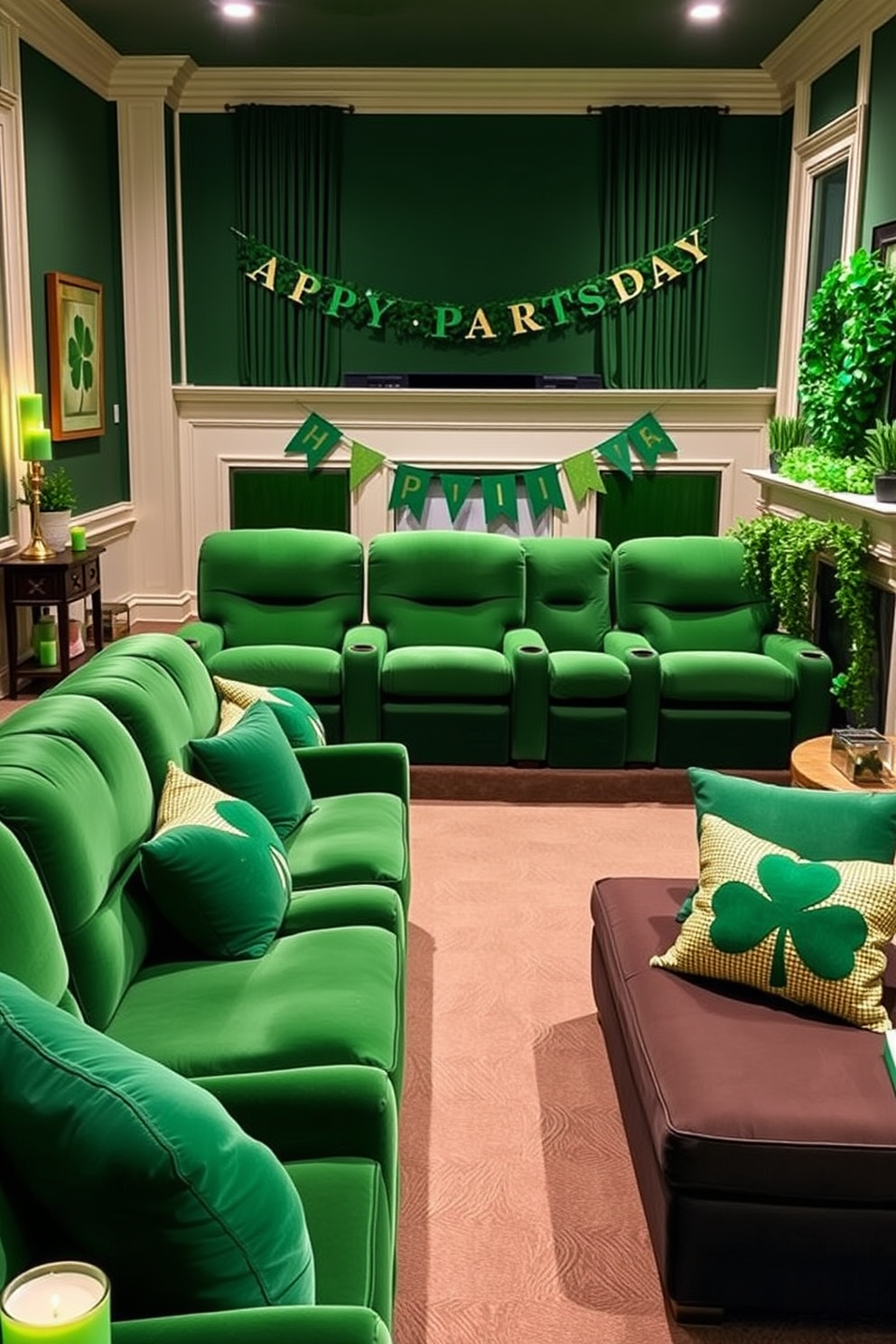 Create a cozy home theater setting featuring plush green velvet seating arranged for optimal viewing. The room is softly lit by green candles placed on side tables, creating an inviting atmosphere perfect for movie nights. Design a festive St. Patrick's Day themed living room with green and gold decorations. Incorporate shamrock accents on throw pillows and a cheerful banner across the mantel to enhance the celebratory spirit.