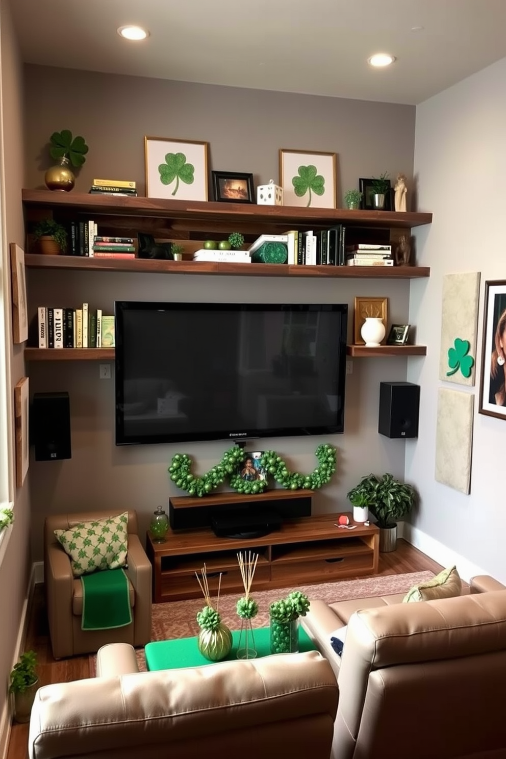 Wall-mounted shelves for decorative items. The shelves are made of reclaimed wood and are adorned with an assortment of books, plants, and decorative figurines. Home Theater. The room features a large projection screen, plush reclining seats, and acoustic panels on the walls for optimal sound quality. St. Patricks Day Decorating Ideas. The space is decorated with green and gold accents, including shamrock garlands, festive table centerpieces, and themed wall art.