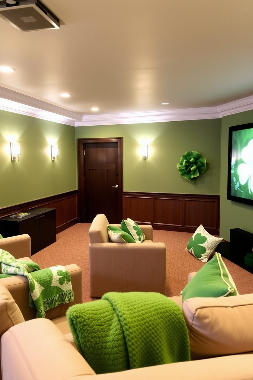 Accent wall painted in soft green. The room features plush seating arranged for optimal viewing and a large screen mounted on the wall. Home Theater St. Patricks Day Decorating Ideas. Incorporate festive green accents with shamrock motifs and cozy throws for a welcoming atmosphere.