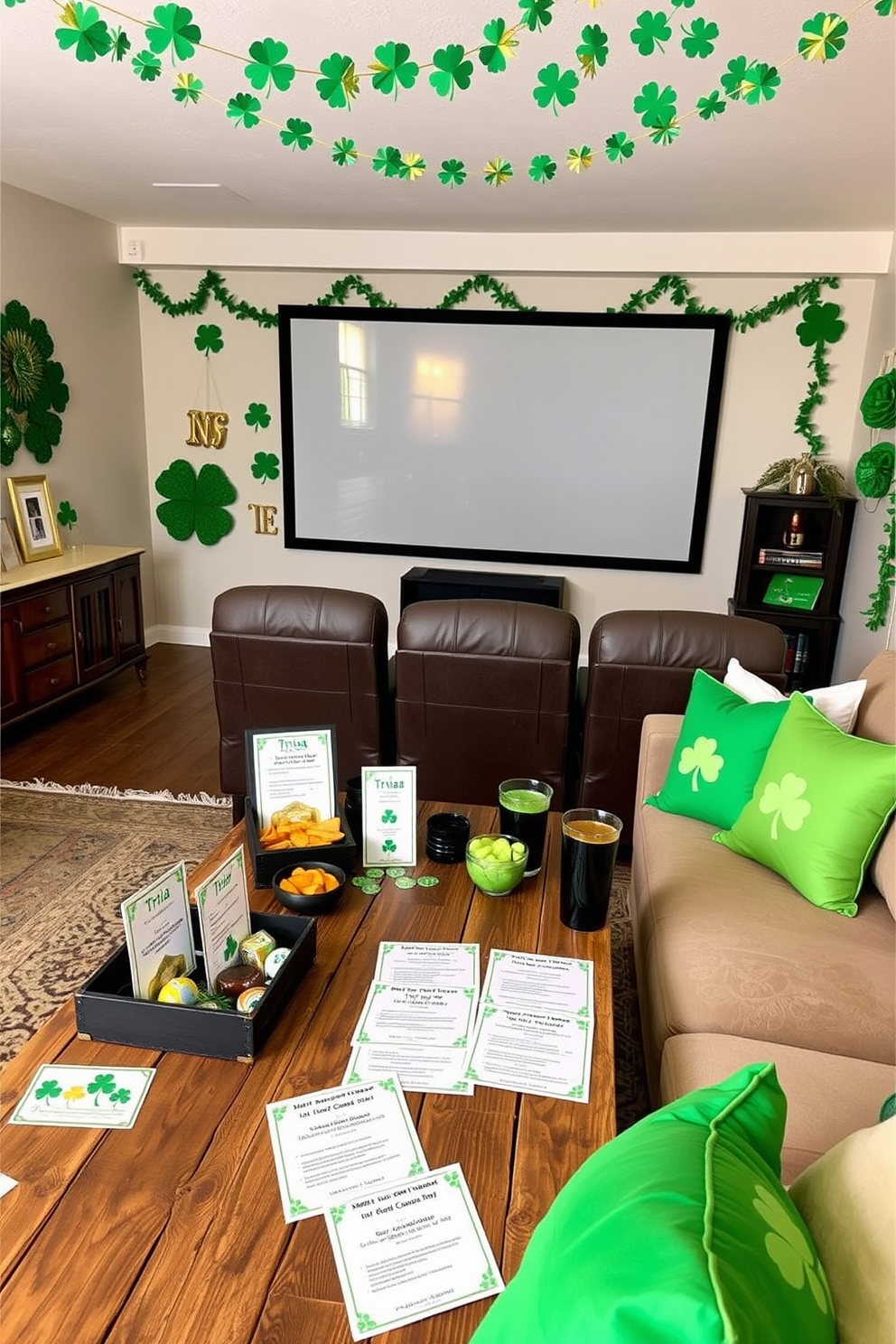 A cozy home theater setting designed for St. Patrick's Day festivities. The walls are adorned with green and gold decorations, and plush seating is arranged for optimal viewing. St. Patrick's Day themed trivia games are set up on a rustic wooden table. Colorful trivia cards featuring Irish folklore and history are neatly displayed alongside festive snacks and drinks. Creative St. Patrick's Day decorating ideas fill the space with charm. Shamrock garlands hang from the ceiling, and vibrant green cushions add a festive touch to the seating area.