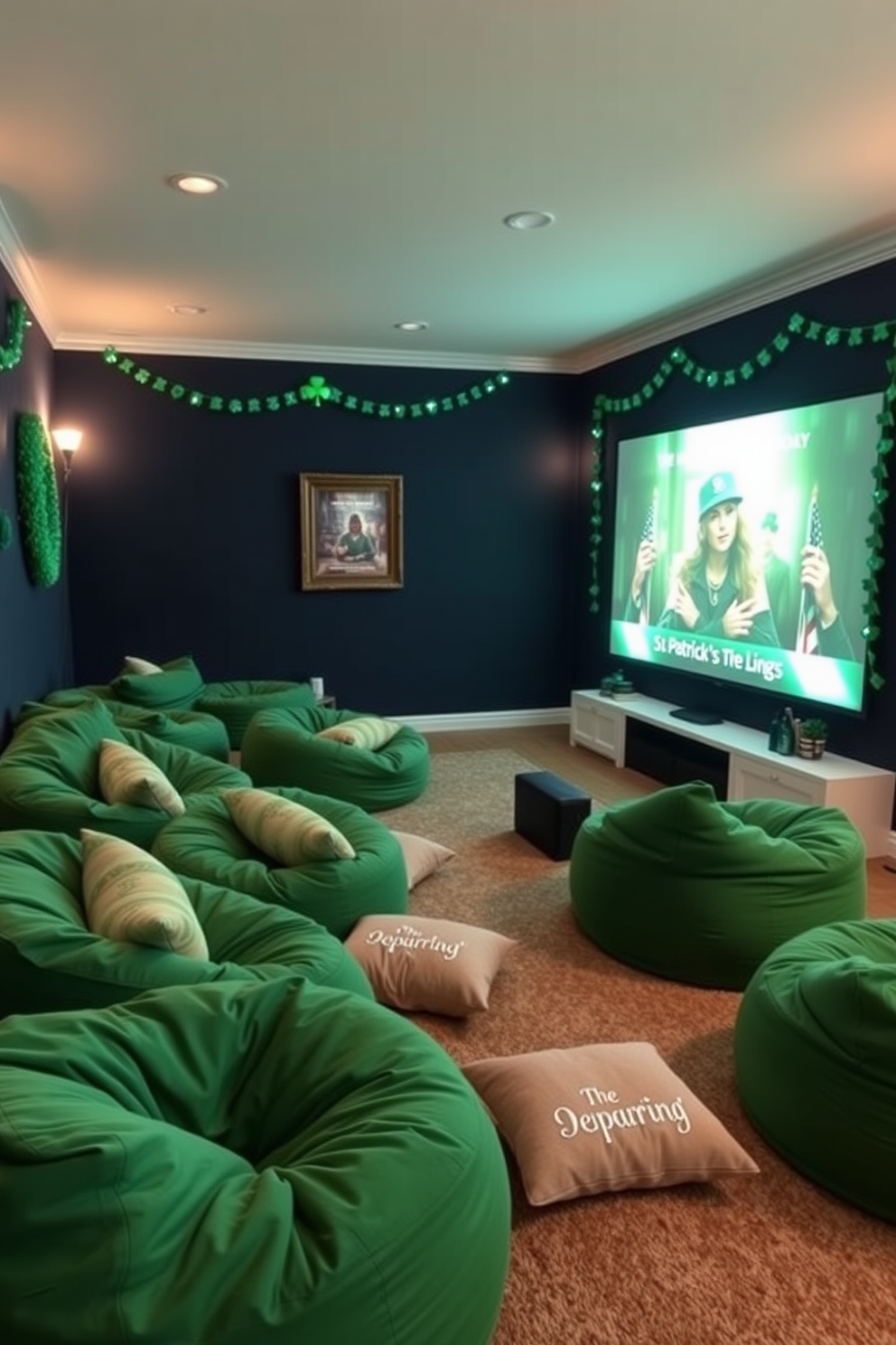 A cozy home theater featuring green bean bags arranged for casual seating. The walls are painted in a deep navy blue, and soft ambient lighting creates a relaxed atmosphere. St. Patrick's Day decorations adorn the space, with festive green accents and shamrock motifs. A large screen displays a classic Irish film, while scattered cushions add comfort to the seating area.