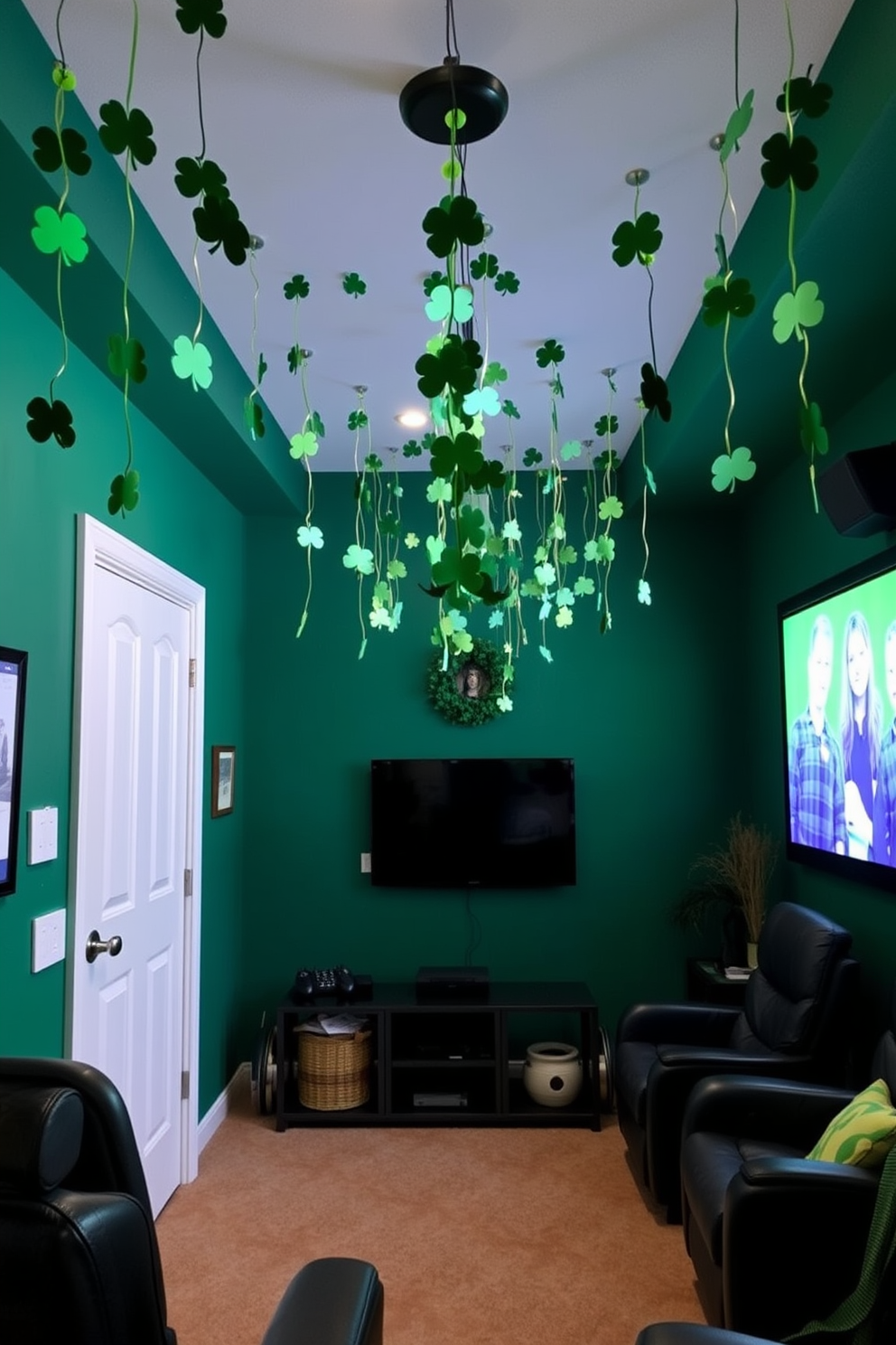 A cozy home theater adorned with hanging shamrock decorations from the ceiling. The walls are painted in a deep green hue, creating a festive atmosphere for St. Patrick's Day celebrations.