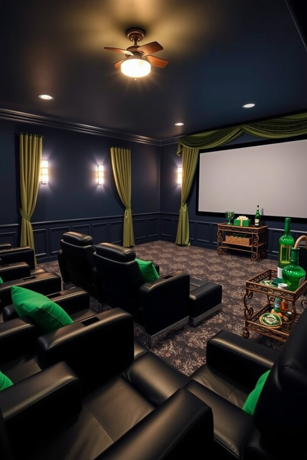 A cozy home theater designed for an immersive viewing experience. The walls are painted a deep navy blue, and plush black leather recliners are arranged in a staggered formation for optimal sightlines. An Irish music playlist fills the room with lively tunes, enhancing the atmosphere. Soft, adjustable lighting creates a warm ambiance, perfect for enjoying movies or celebrating St. Patrick's Day. Decorating ideas include vibrant green accents and festive shamrock-themed decor. A large screen is framed by elegant drapery, and a decorative bar cart holds themed snacks and drinks for guests.