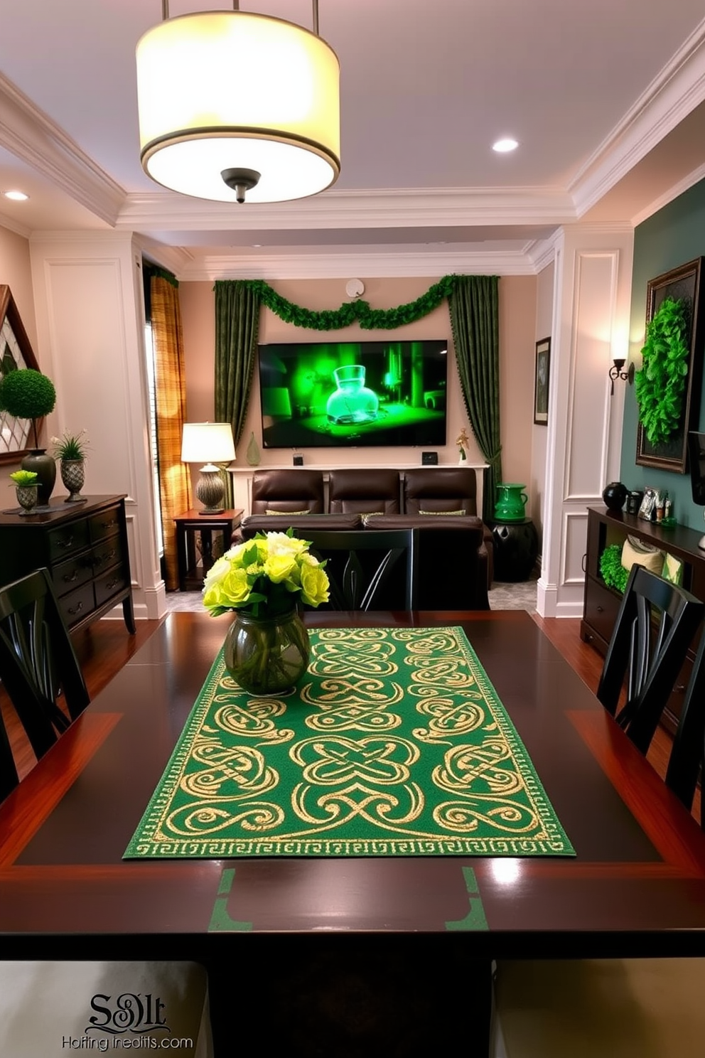 A stunning dining room featuring a Celtic design table runner that adds elegance to the table setting. The runner showcases intricate knot patterns in deep greens and golds, perfectly complementing the surrounding decor. An inviting home theater designed for comfort and style, featuring plush seating and ambient lighting. The space is adorned with St. Patrick's Day decorations, including vibrant green accents and festive wall art that enhance the cozy atmosphere.