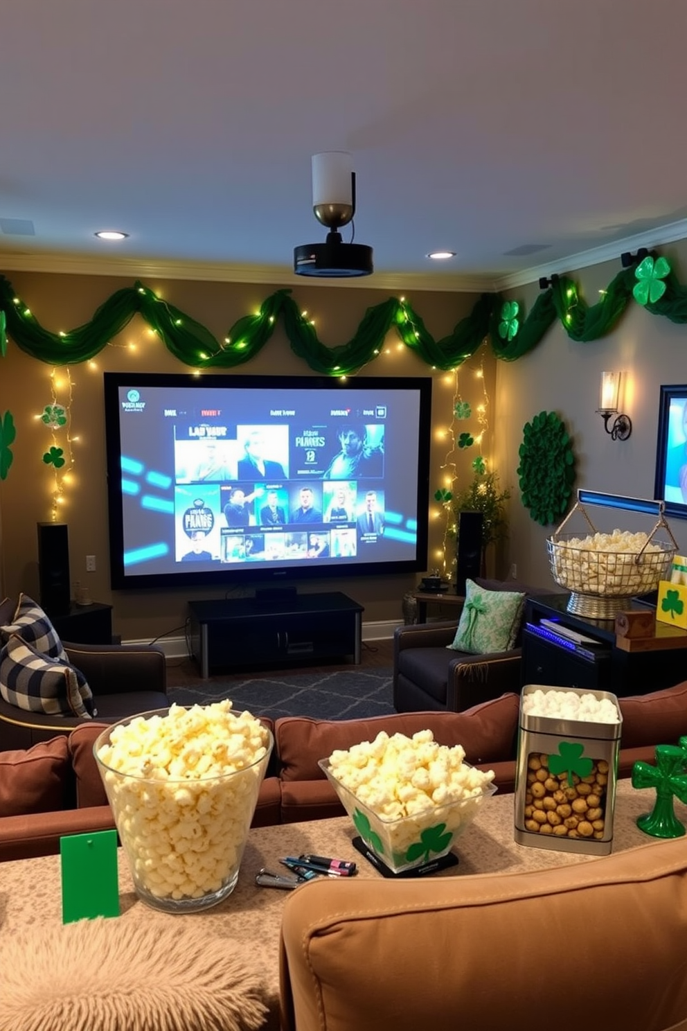 A cozy home theater setting for a St. Patrick's Day themed movie marathon. The walls are adorned with green and gold decorations, and plush seating is arranged for comfort. A large screen displays classic Irish films, surrounded by fairy lights and shamrock accents. A snack bar features popcorn and themed treats, creating a festive atmosphere for guests.