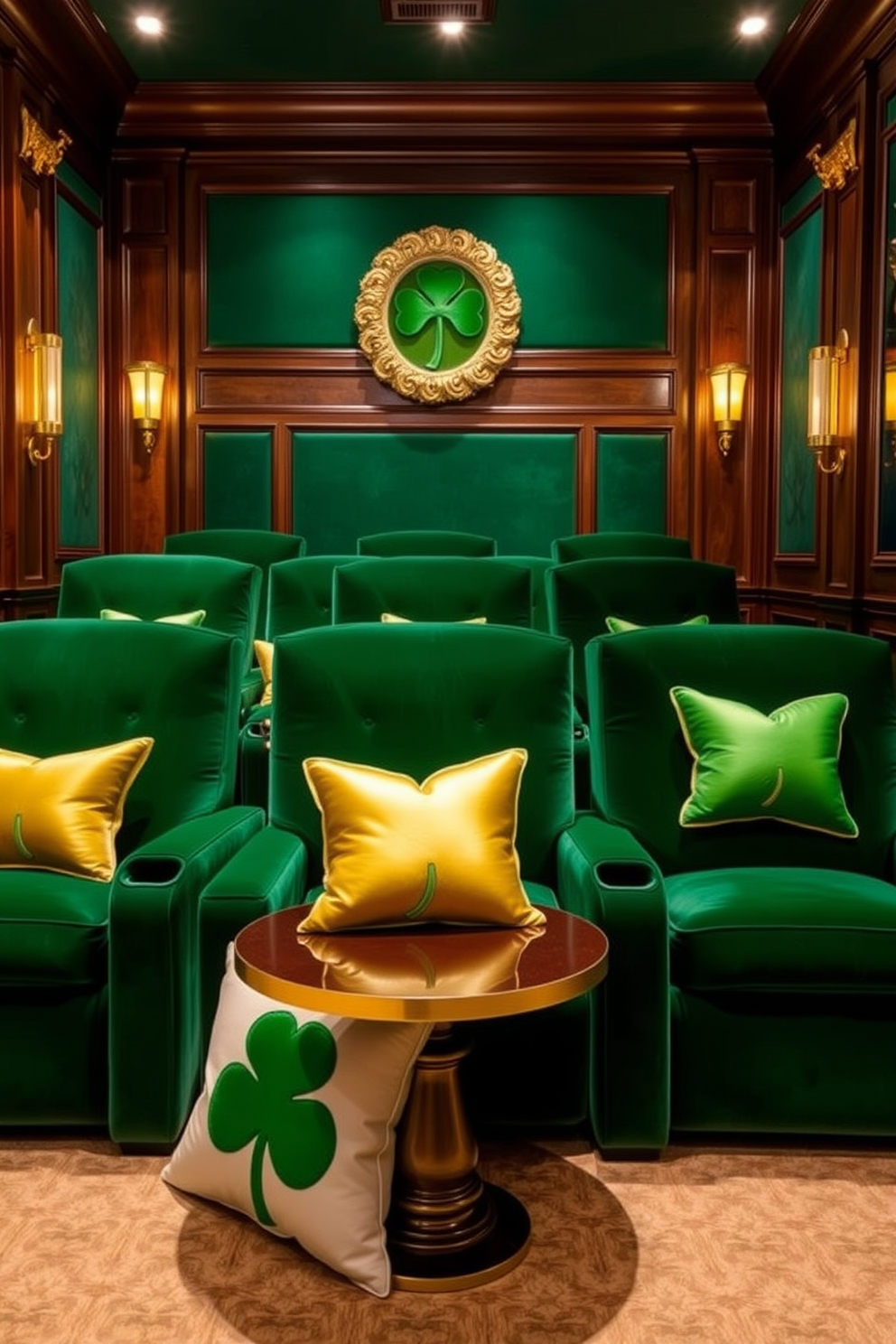 A luxurious home theater featuring plush velvet seating in deep emerald green. The walls are adorned with rich wood paneling and gold accents in the decor and lighting create an opulent atmosphere. For St. Patrick's Day, the space is decorated with vibrant green and gold elements. Shamrock motifs are incorporated into the throw pillows and wall art, while soft ambient lighting enhances the festive spirit.