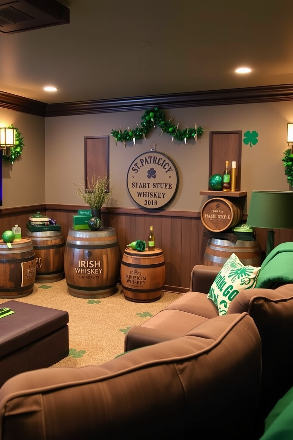 Create a cozy home theater adorned with lucky charm decorations on the windows. The space features plush seating, a large screen, and ambient lighting that enhances the festive St. Patrick's Day atmosphere. Incorporate green and gold accents throughout the room, with shamrock-themed cushions and decorative throws. The windows are adorned with hanging lucky charms that catch the light, adding a whimsical touch to the overall design.