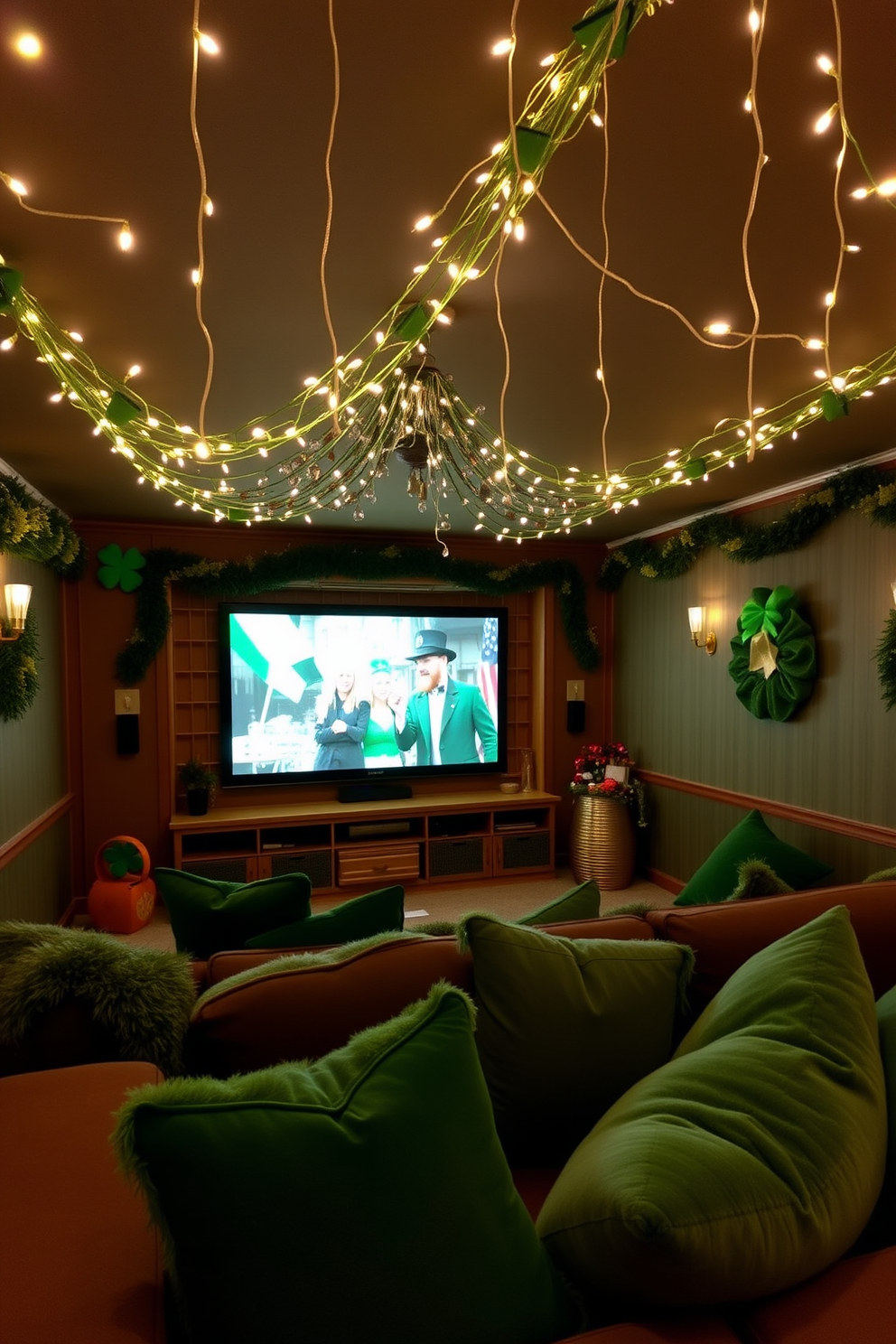 A cozy home theater setting designed for a St. Patrick's Day movie night. The walls are adorned with festive green and gold decorations, and a large screen displays a classic Irish film. Comfortable seating is arranged in a semi-circle, with plush green cushions adding to the theme. Twinkling fairy lights hang from the ceiling, creating a warm and inviting atmosphere for guests.