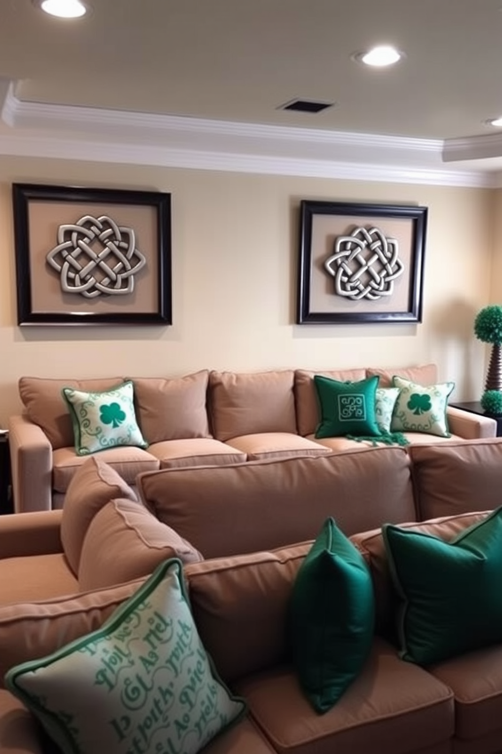 Celtic knot wall art is displayed prominently on the walls, adding a touch of elegance to the space. The intricate designs are framed in dark wood, contrasting beautifully with the soft cream-colored walls. The home theater features plush seating arranged for optimal viewing, with ambient lighting enhancing the cozy atmosphere. St. Patrick's Day decorations include green accents and themed throw pillows, creating a festive yet sophisticated environment.